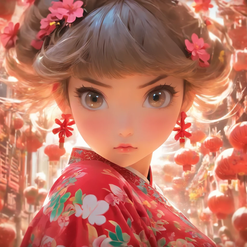 vivd colour, 16k, hyper HD, High-density imaging review 10, (tmasterpiece:1. 5), absurderes, (best qualtiy:1. 5),solid color backdrop,A ,Hold your arms,Frowning,Staring at you angrily,Pouting angrily,Floral half-sleeved cheongsam,Cute fat girl,A ball head