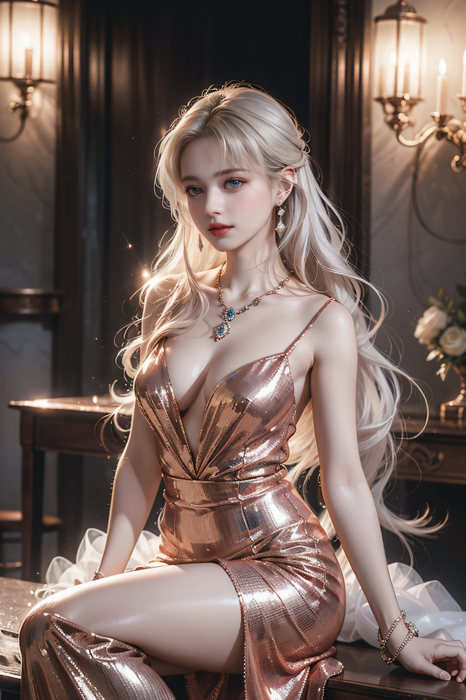 Top quality work,Photorealistic works,Ultra Premium Graphics,8K HD CG works,High-quality graphics,High-definition fine CG works,10x pixel,Ultra-fine details:1.1,Advanced technical details:1.1Photographically realistic,Indoor lighting effects:1.5,Natural light:1.5. light effect(Virtual Light Effects:1.8),超A high resolution,shiny dress,Long silver hair,Silver hair,Transparent hair,High Detail Hair(Premium Hair Detail:1.1)Clear eyes,Good looking double eyelids,Sharp eye makeup, Delicate makeup for eyelashes, Thin eyebrows, ultradetailed eyes,High Nose, lovely red lips, Rose cheeks, Face with delicate makeup , Pretty Face, A perfectly proportioned face,(Advanced facial details:1.1)Collection of shiny luxury dresses,Sequin Dresses,Sequin coat,shiny,Tight long skirt,Summer Sexy Hip Wrap Fishtail Sleeveless Commuter Maxi,Horse Stockings 100%Oil Gloss Panst Gloss Silk Luster 8D Black Silk Woman,stiletto heels,mitts,Beautiful long dresses,wonderful dress,Haute Couture Dresses Collection,Dress Photography,Authentic dress works,In the banquet hall,Women's Artwork,full-body view,Goddess of Dress,真实感,amazing,Today's eyes are bright