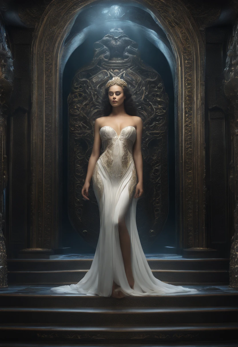 Create a 3d artwork of a celestial woman in a white dress decorated with (((intricate detailes))). The work includes、 (((Best possible quality))), Emphasis on (((Extreme details))) Eta (((complex composition))). Use a color palette that reflects the aura of celestial bodies, In soft shades of blue, Ethereal white with subtle gold touches. Make sure the composition exudes a sense of otherworldly beauty and tranquility. Get inspired by artists such as (((h.r. giger))), (((Zubrush Central))), E (((Vitaly Bulgarov))), Evil smile, NSFW