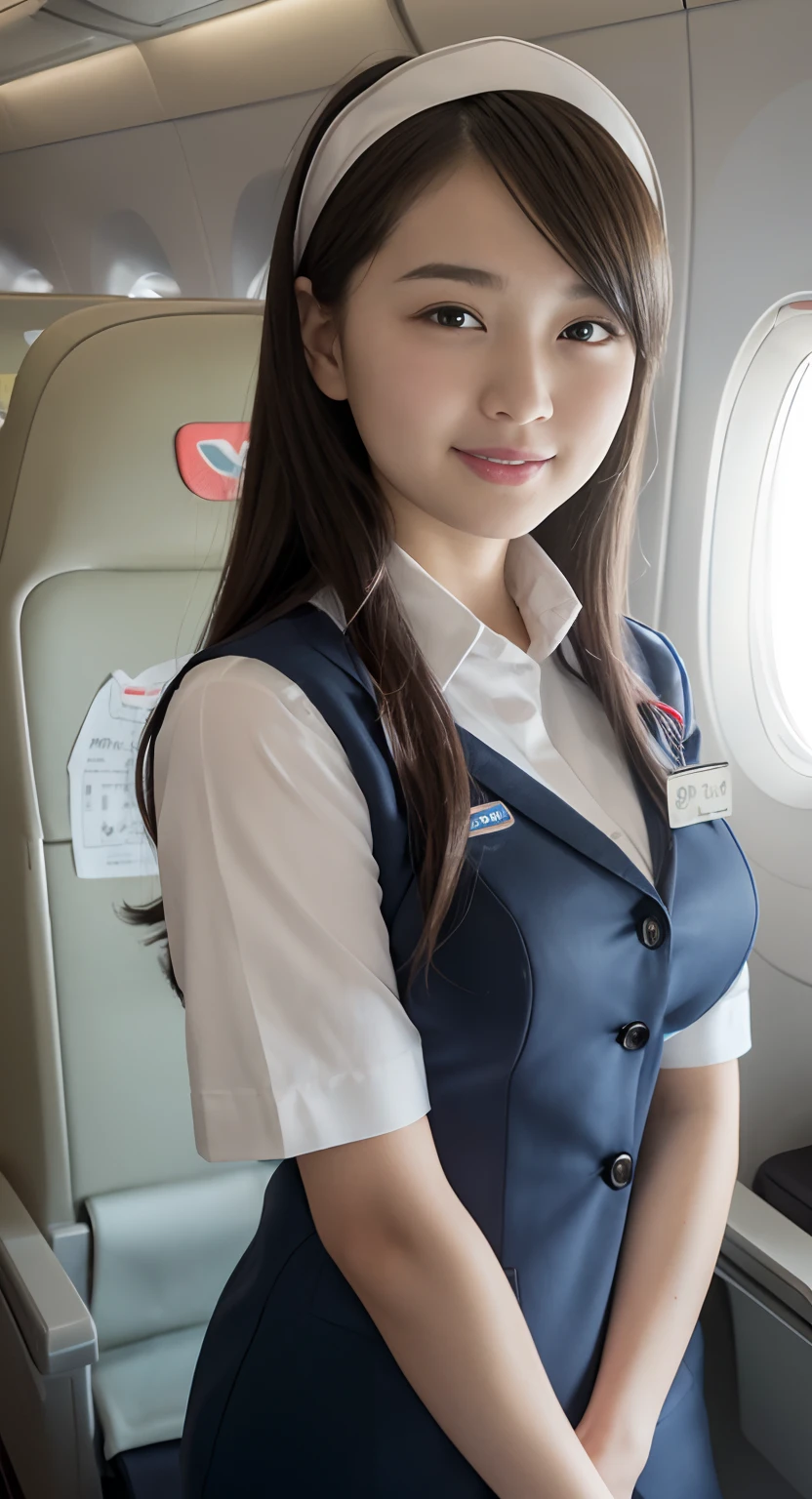 top-quality, ​masterpiece, 8K, 超A high resolution, (Photorealsitic:1.4), 1girl in、Beautiful expression、symmetrical eye、Colossal tits、Perfect body proportion、Stewardess uniform、Unbutton the chest、Look at viewers、(Inside the plane:1.2)、long legged(1.3)、sit a chair、Different fields of view、Smile、teeth showing