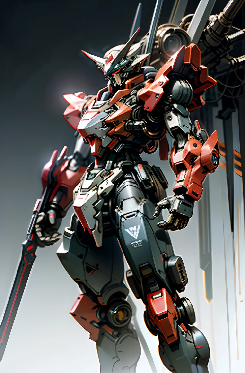 Dark_Fantasy,gundam,1Mechanical marvel,Robotic presence,Cybernetic guardian, giant mechanical armour, heavy mechanical iron glove, absolutely stunning art,black and red coating, highest quality art, highest resolution, hyper detailed,black and red, futuristic, gundam robot, atmospheric,8k,64k, HD, unparalleled masterpiece, dynamic lighting, cinematic, epic, tiger inspired mech