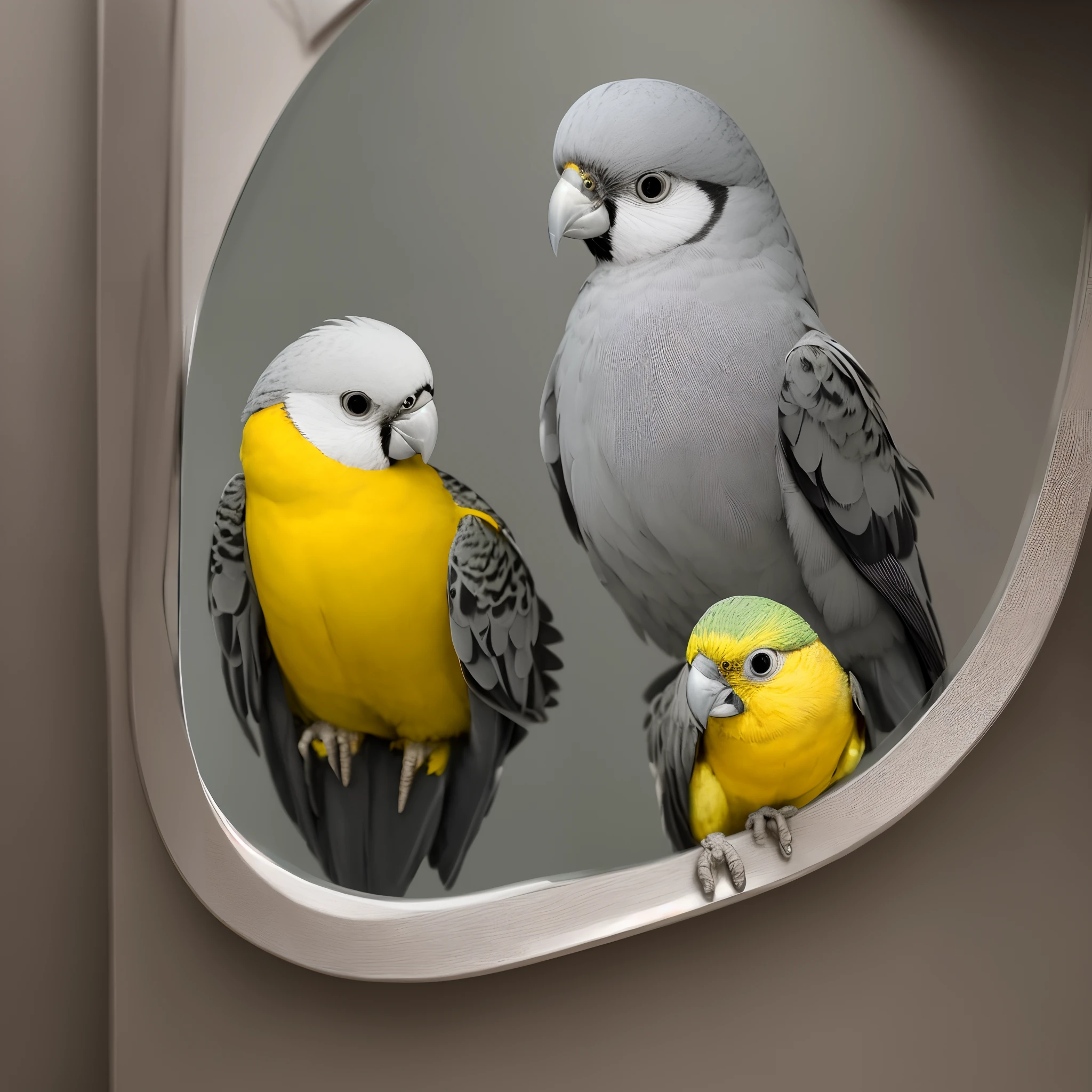 whole cockatiel((gray with yellow cheek)),(anime)in a mirror.Dusk.melancoly