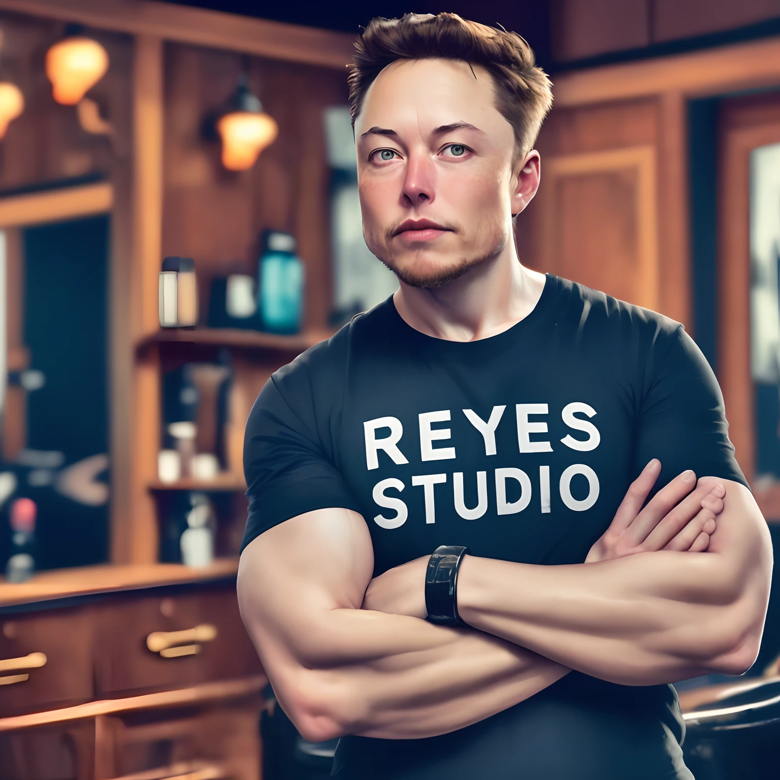 Generate a digital image of Elon Musk in a confident pose, with his arms crossed, wearing a black T-shirt with the inscription ‘REYES STUDIO’ on the chest. The background of the scene should represent an authentic classic barber shop, with characteristic elements such as a vintage barber’s chair, antique mirrors, and traditional decor details