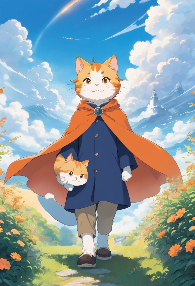 The man looked at a small orange cat wearing a cape white,Boy in cap,ssmile,The background is blue sky and white clouds , Wallin black T-shirt,With an anime logo