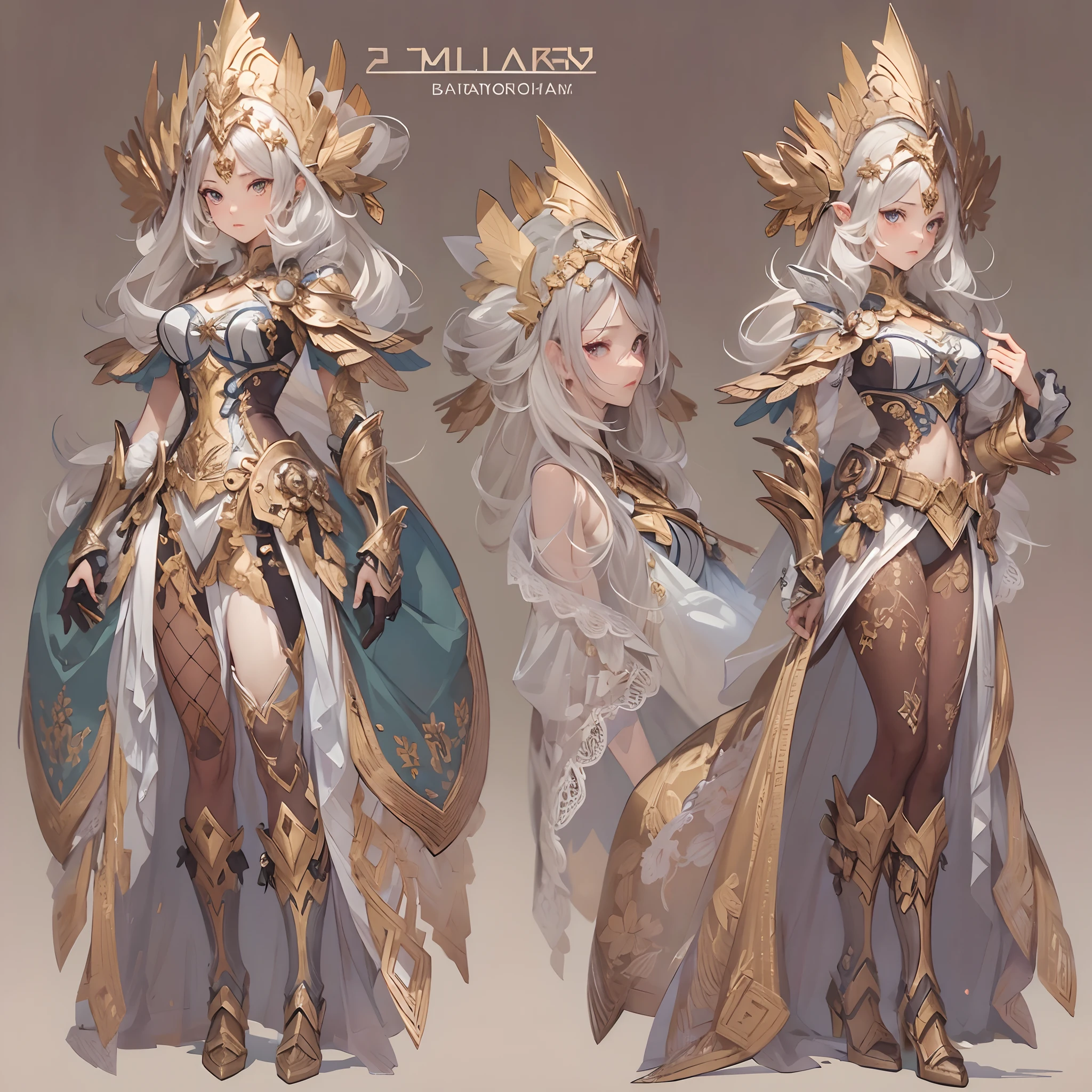 ((Masterpiece, Highest quality)), Detailed face, CharacterDesignSheet, full bodyesbian, Full of details, Multiple poses and expressions, Highly detailed, Depth, Many parts,Valkyrie,golden and white,holds a spear,double-ponytail,estilo fantasia,Surrounded by flames,Extremely beautiful,High Balance, Natural light, Lace,lacepantyhose