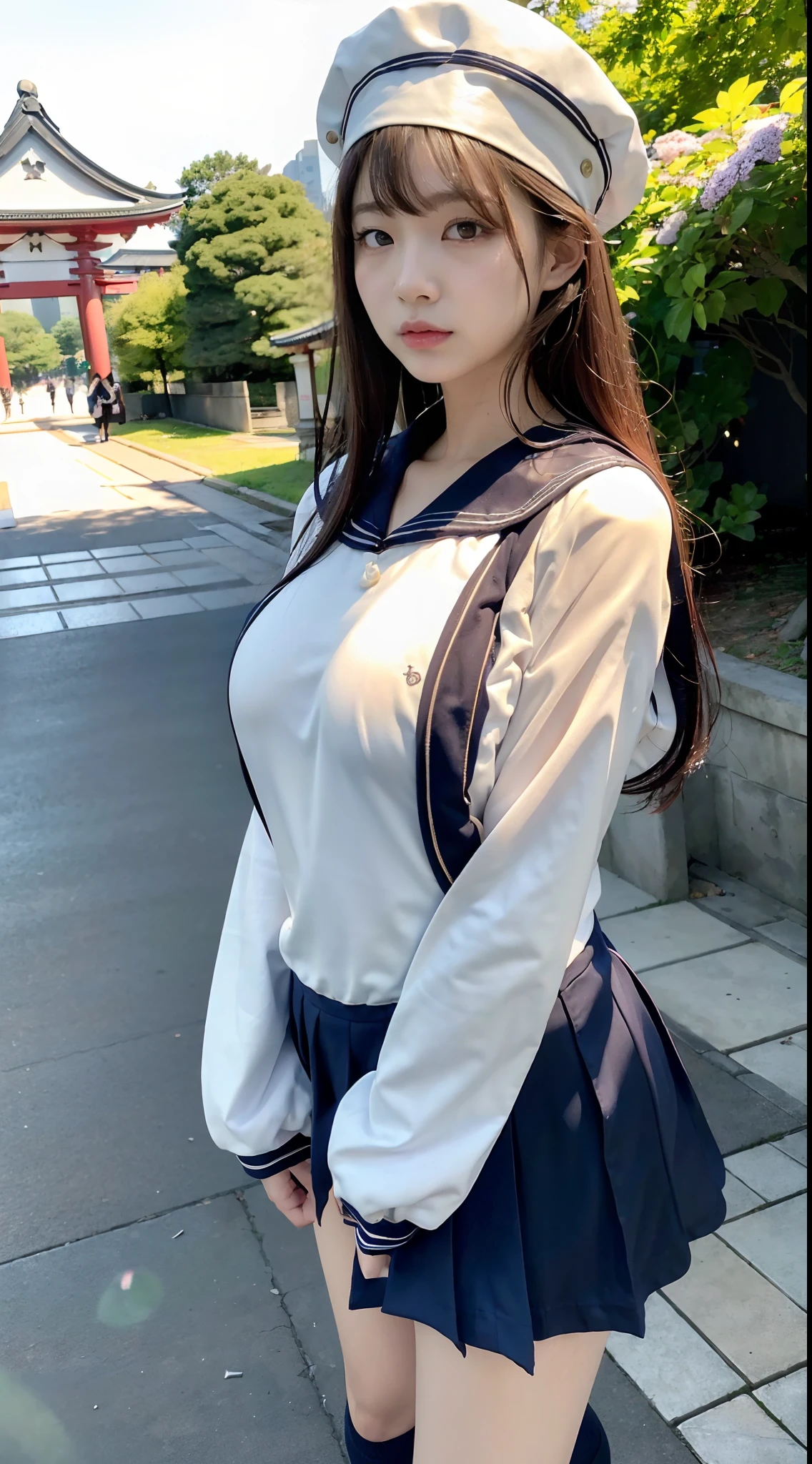 mix4, (16 K, Raw photography, Top image quality, ​masterpiece: 1.45), (realisitic, Photorealsitic: 1.37), one girls, 7．5, etc、Random hairstyle、Standing figure，Noon time slot、a very cute, Precincts of the shrine,, profetional lighting, photon maping, a park、physically-based renderingt, Gradient dark brown hair,, a handsome, Well-groomed and beautiful eyes、Large double eyelids、Very shiny、girl with, (((student clothes、Long sleeve sailor suit worn by Japan schoolgirl、red cuffs、Dark blue mini skirt, Small gray beret、Dark blue knee-high socks、Black loafers))), Top Quality Photos, hight resolution, 1080p, (clearface), (Detailed face description), (Detailed hand description), (​masterpiece), (Exquisite CG)、extreme light and shadows、dishevled hair、master work、abundant detail、(Fine facial features)、(top quality photo)、(masuter piece)、(A detailed eye)、Look in front of you、Fine clavicle、((Slender big))、(((Japan schoolgirl in long-sleeved sailor suit)))、((Ready Idol System))、((Precincts of the shrine、torii gate、Tesuisha、Komainu))、(Shooting from random perspectives)、(((Anyway cute)))、耳Nipple Ring、A big smile、Drawing the whole body from the knees、Do not draw nasolabial folds、(((Long-sleeved sailor suit)))、(Big breasts that hang down big:1.2)、Big buttocks with tension、Two arms and two legs、(((from the front side:0.7)))、bare hand、No mask、