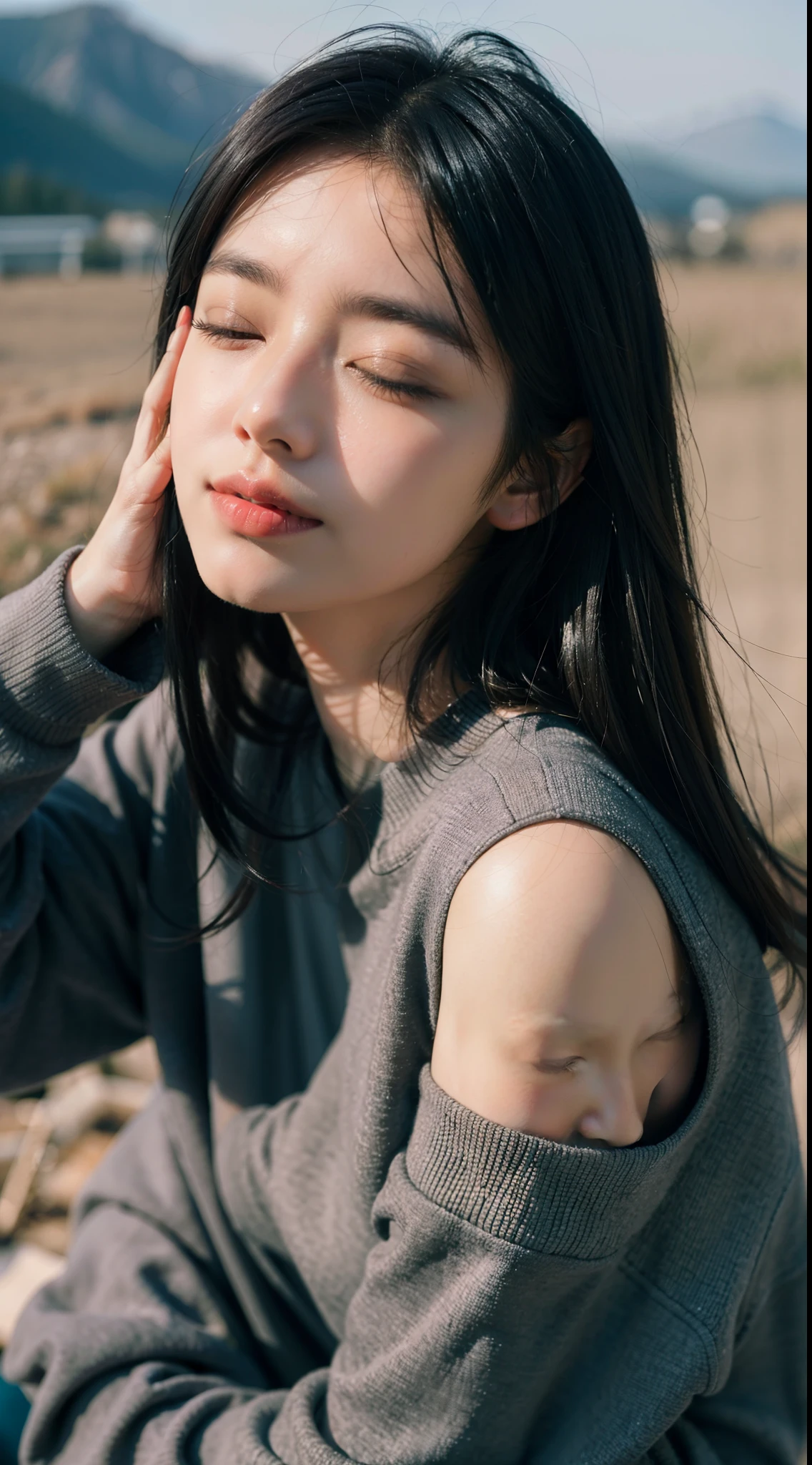 on top of mountain,She wears a loose sweatshirt,Short shiny black hair,The skin is as fair as jade,The facial features are delicate and picturesque,ssmile,eye closeds,sat on the ground,With his eyes closed,Facing the distance,Bless with your hands folded,best qualtiy,tmasterpiece,超高分辨率,(Fidelity:1.4),RAW photogr,1girll,cinmatic lighting