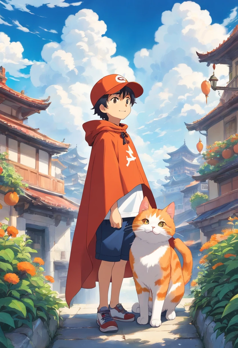 The man looked at a small orange cat wearing a cape white，An orange cat wearing a cape，Boy wearing a red and white cap，ssmile，The background is blue sky and white clouds , Wallin black T-shirt，With an anime logo