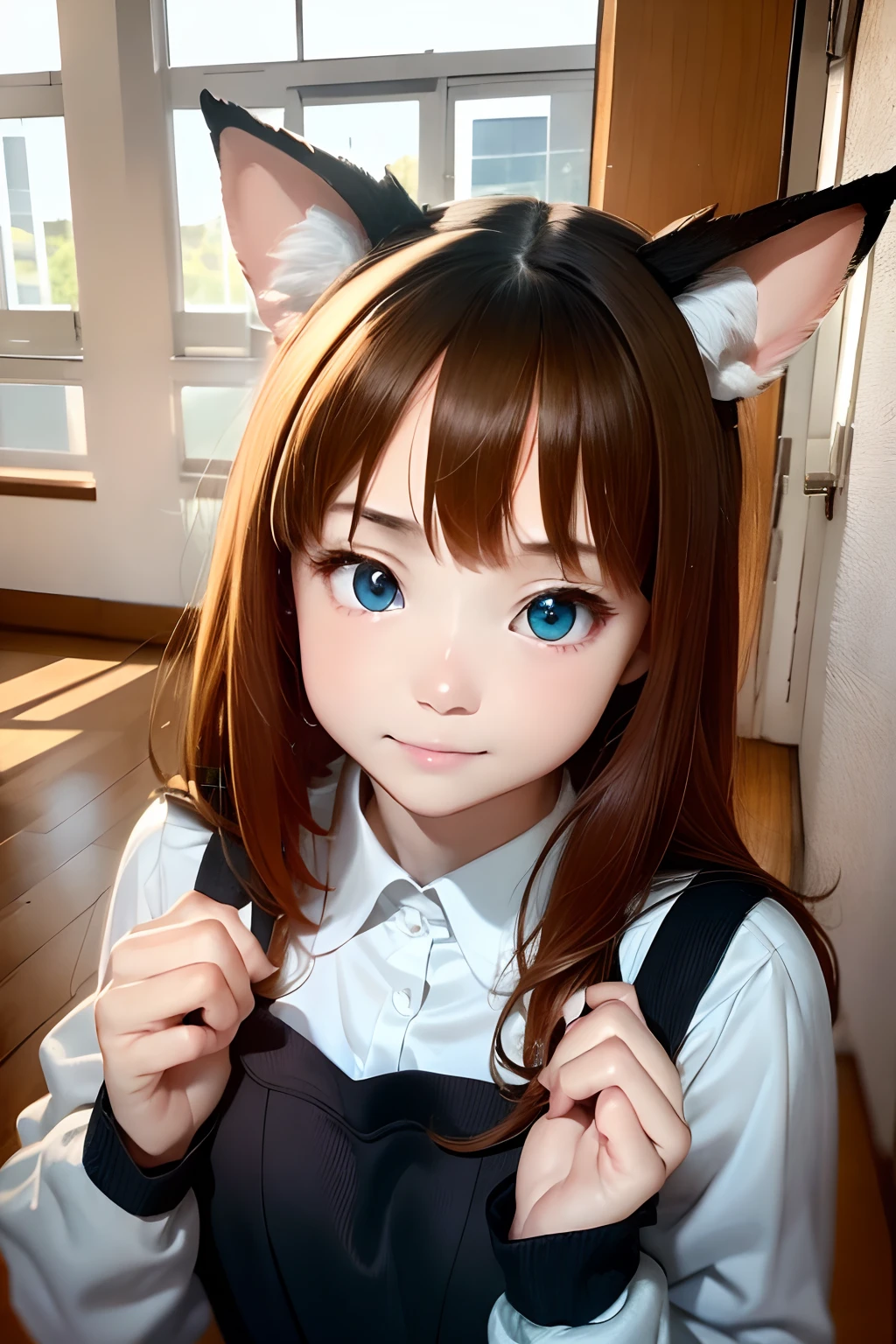 (masterpiece:1.2、top-quality)、HDR、intricate detailes、1girl in、、 brown haired、Light brown eyes、pinafore、animal ear、a smile、Hands together、door、doress、White apron、Indoors、long-sleeve、blue eyess、looking at the viewers、a furry、pink dress、shorth hair、Maids、maid apronl、dog ears、window、bangss、is standing、Mouth closed、(low angles), (top down),Realistic scale,Significant shrinkage:1.5,Anime-style photos,Super Detail, Realistic, Super realistic,lifelike rendering,(((school classrooms,Classroom lined with desks))),Professional Photographer