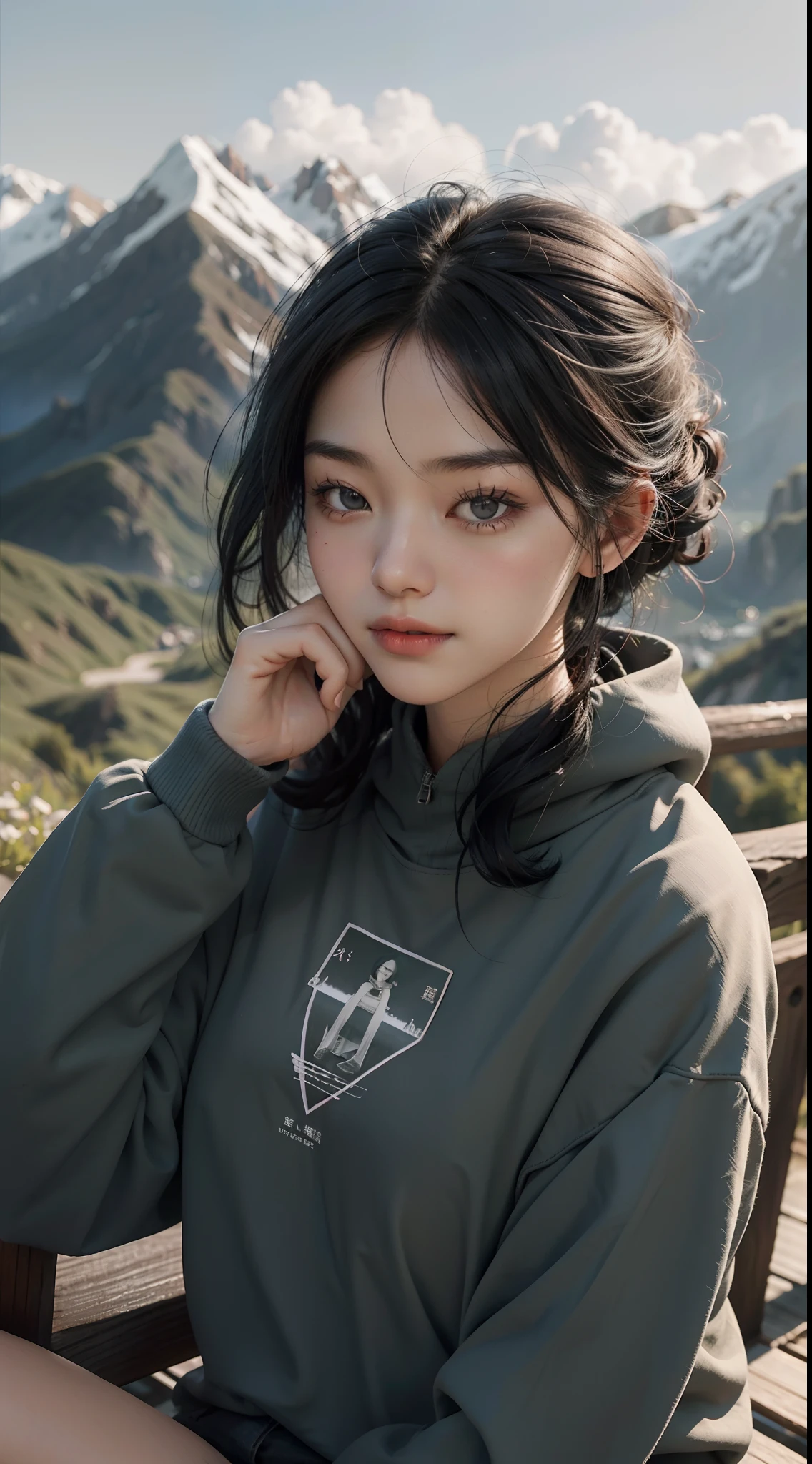 on top of mountain,She wears a loose sweatshirt,Short shiny black hair,The skin is as fair as jade,The facial features are delicate and picturesque,ssmile,eye closeds,sat on the ground,With his eyes closed,Facing the distance,Put your hands together in front of your chest,best qualtiy,tmasterpiece,超高分辨率,(Fidelity:1.4),RAW photogr,1girll,cinmatic lighting