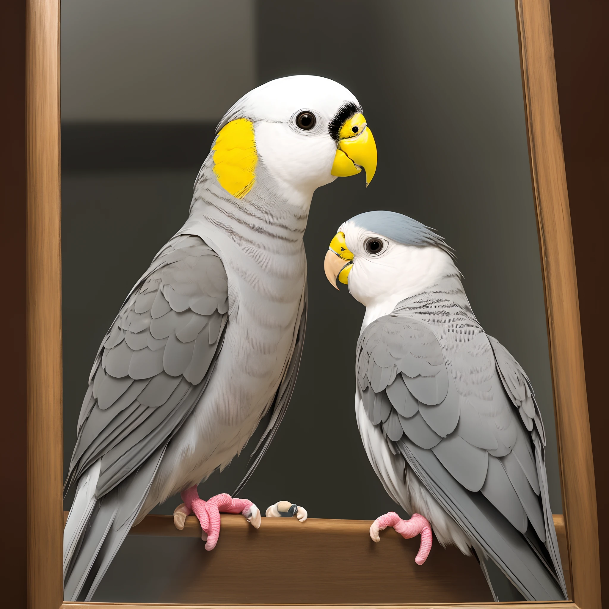 whole cockatiel((gray with yellow cheek)),(anime)in a mirror.Dusk.melancoly