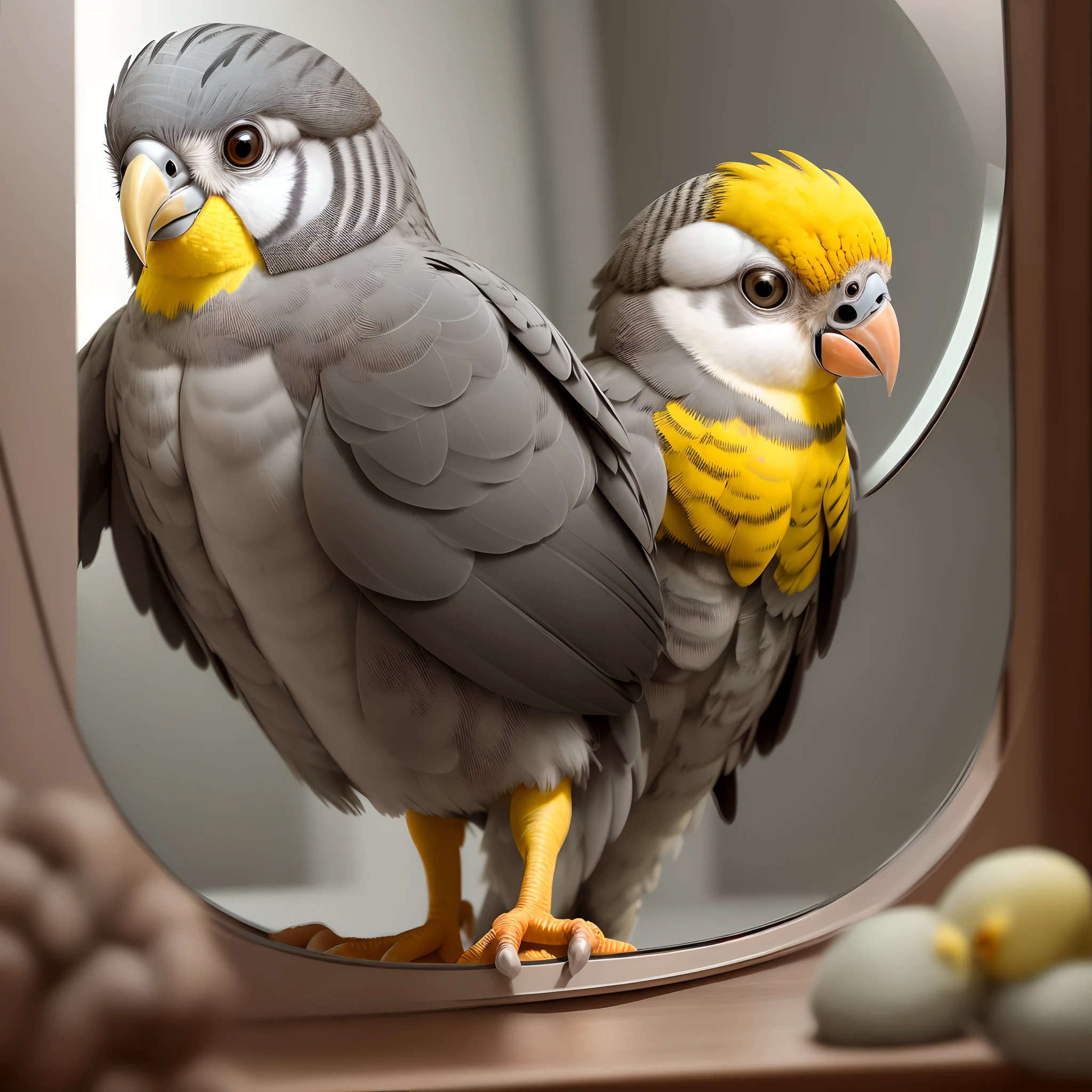 whole cockatiel((gray with yellow cheek)) in a mirror.Dusk.melancoly