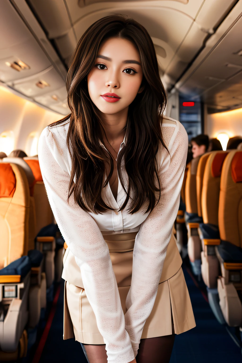 (16k, RAW photos, top quality, masterpiece: 1.2), (realistic, photorealistic: 1.37), 1 girl, Japan girl, schoolgirl, blazer uniform, ((open legs)), sitting on an airplane, big, slender, crotch, full open legs, (round swing sexy mini skirt: 1.3), (white open shirt: 1.3), , See-through underwear, not wearing underwear