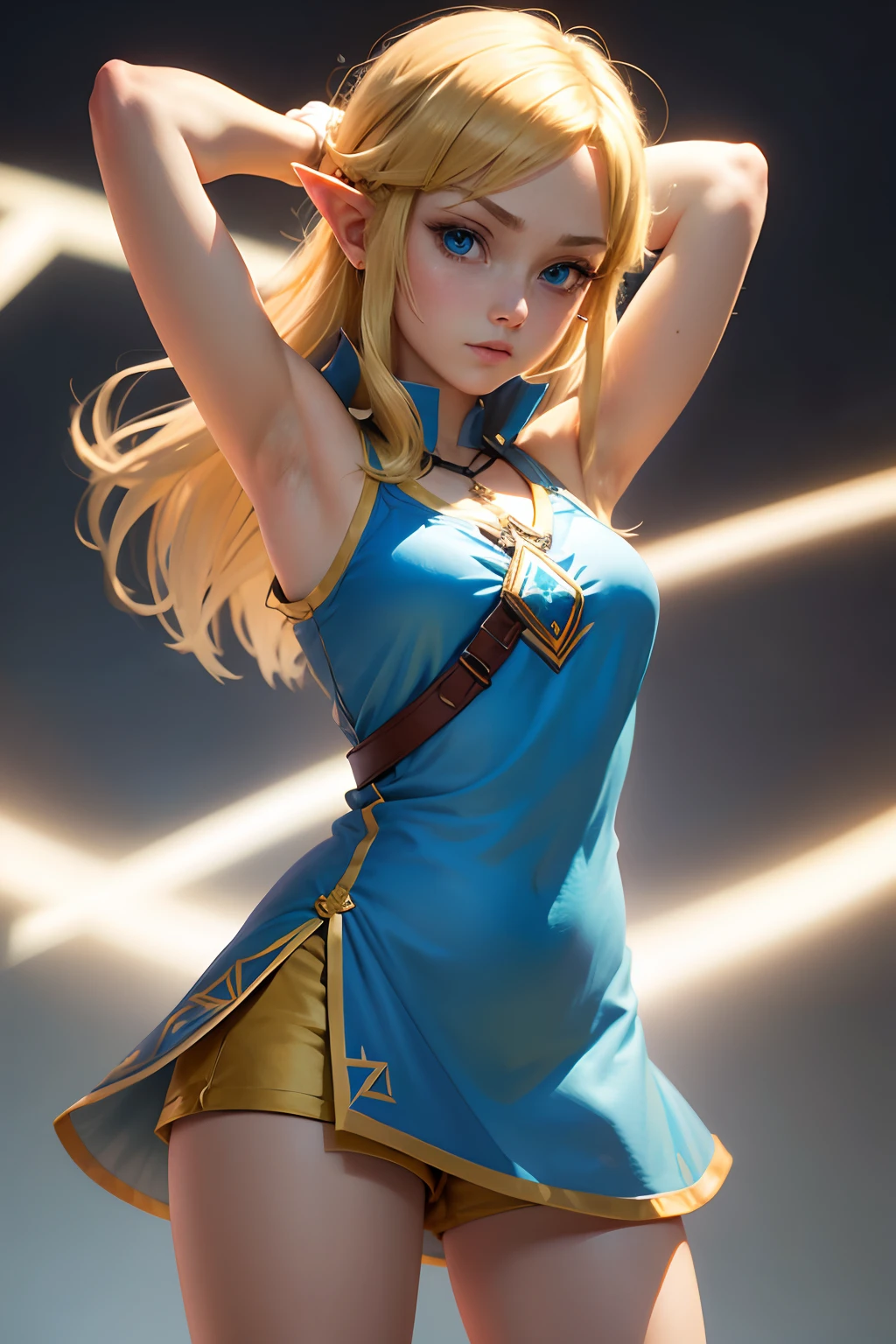 Zelda, shorts hair, Blonde hair, armpit, shorts dress, blue eyes, Big legs, Master sword