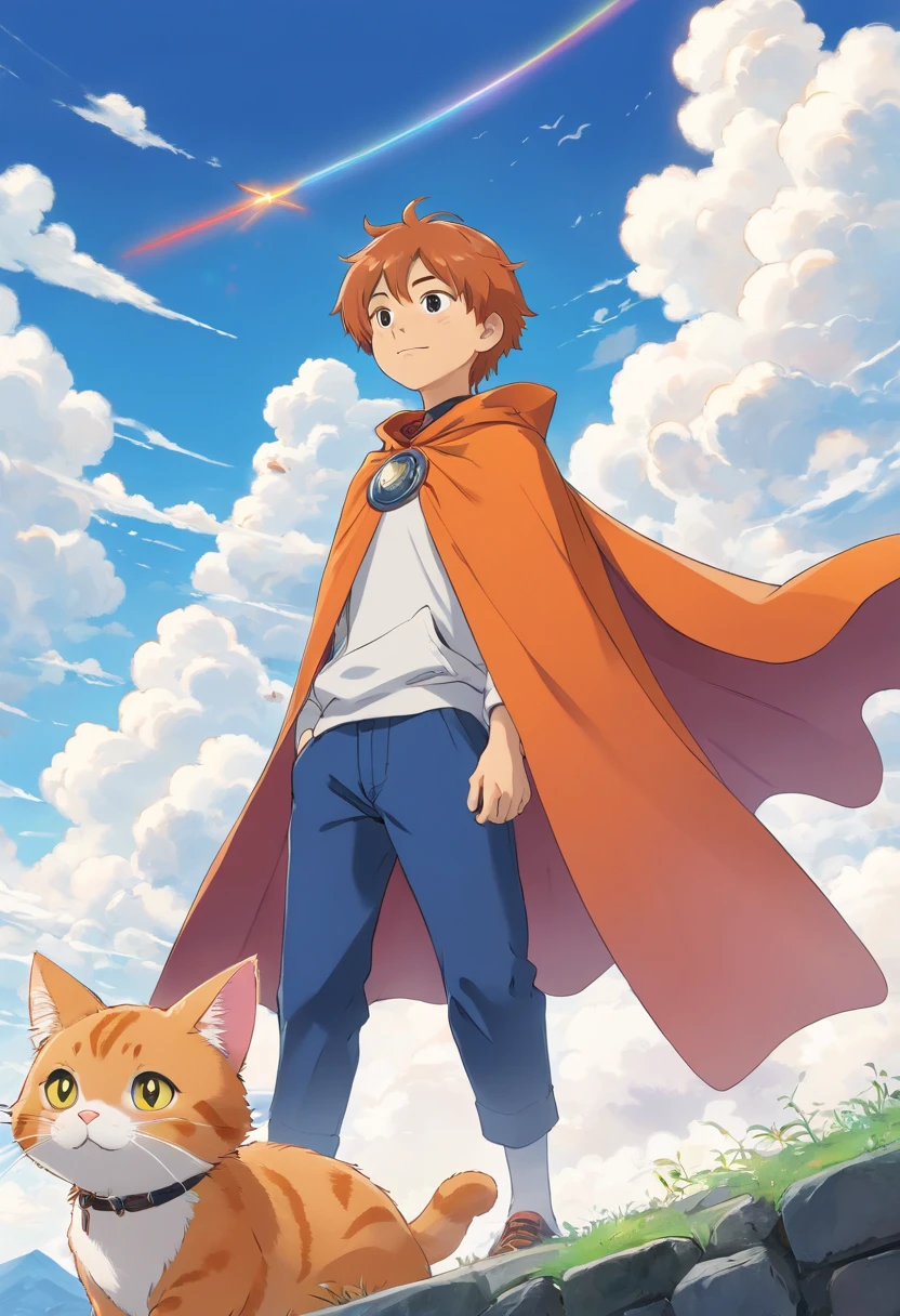 The man looked at a small orange cat wearing a cape white,An orange cat wearing a cape,ager in cap,ssmile,The background is blue sky and white clouds , Wallin black T-shirt,With an anime logo
