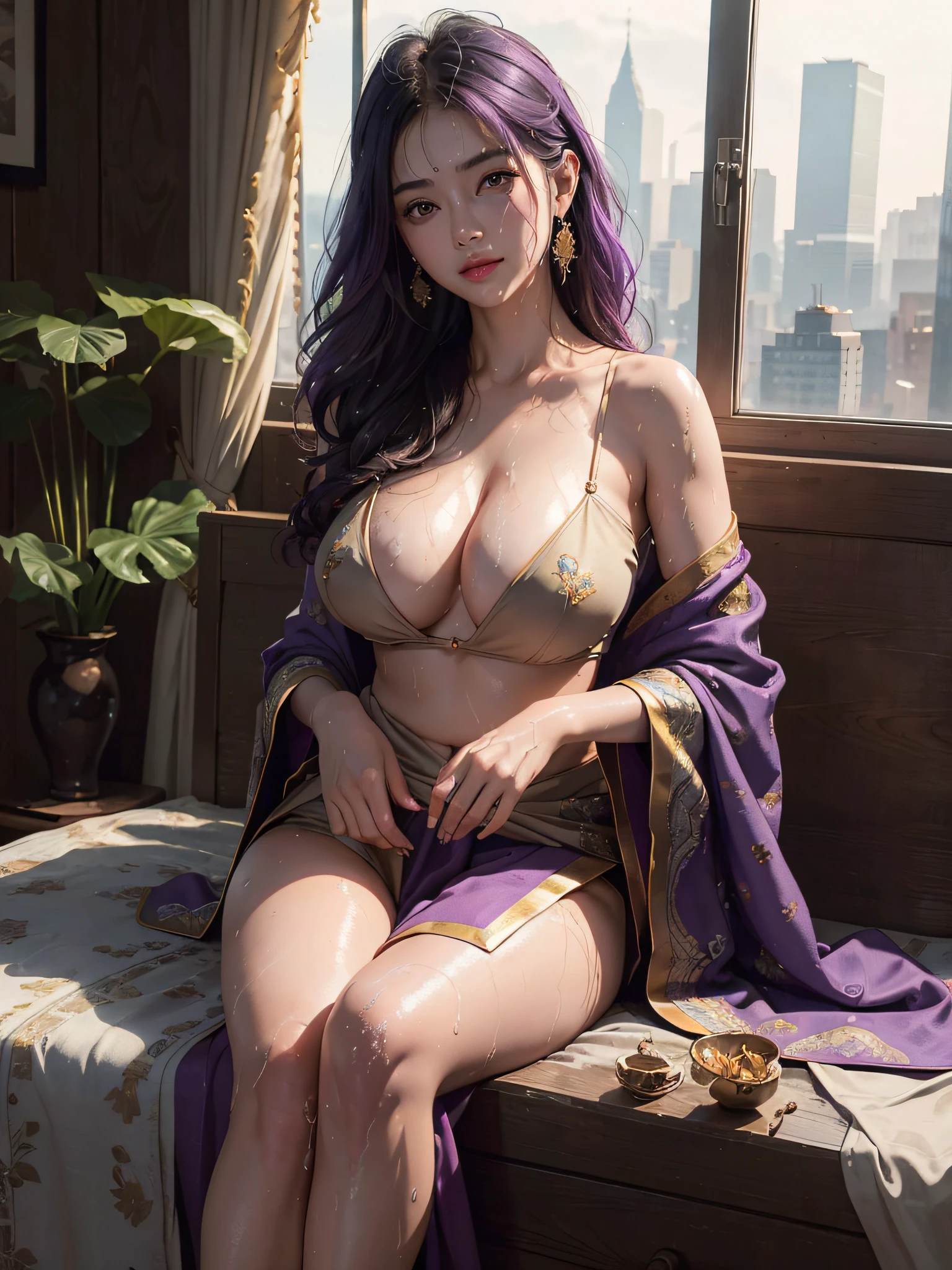 8k、RAW Photography、top-quality、masterpiece:1.2)、(realisitic、photoRealstic:1.37)、1girl in、Nepali、25-years old、femele、(deep in the night)、sunlights、a room、Daytime cityscape seen from the window、Studio Lighting、face lights、photon maping、Radio City、Purple hair、A detailed face、detailed lips、A detailed eye、More skin、二重まぶた、(Huge round:1.3)、((Exposure))、(Sally and blouse、Nepal)、(Saree)、(Wearing a saree)、((no brassiere)))、Exposed cleavage、exposed shoulder、Thigh exposure、(camel's toe)、perfectbody、shinny skin、(Body wet with sweat:1.2)、smirking face、((sitting on))、Make eye contact with the camera、Lens blur for background camera、depth of fields、35 m、ultra-detailliert、ultra-quality、flawless、Anime tattoo on right hand、((Vintage style photography)),hands on boobs,((NSFW 1:1))