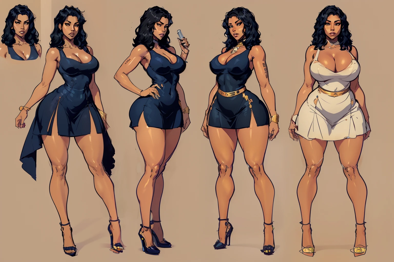 ((masterpiece)),(((best quality))),((Nicki Minaj)), ((character design sheet)), oc render, Multiple poses and expressions, same person, ((full body view)) illustration,1girl, brown skin, thick thighs, ((sundress:1.2)), modern style, blue black hair, ((detailed face:1.4)) beautiful african american woman, rough sketches, clean backdrop,