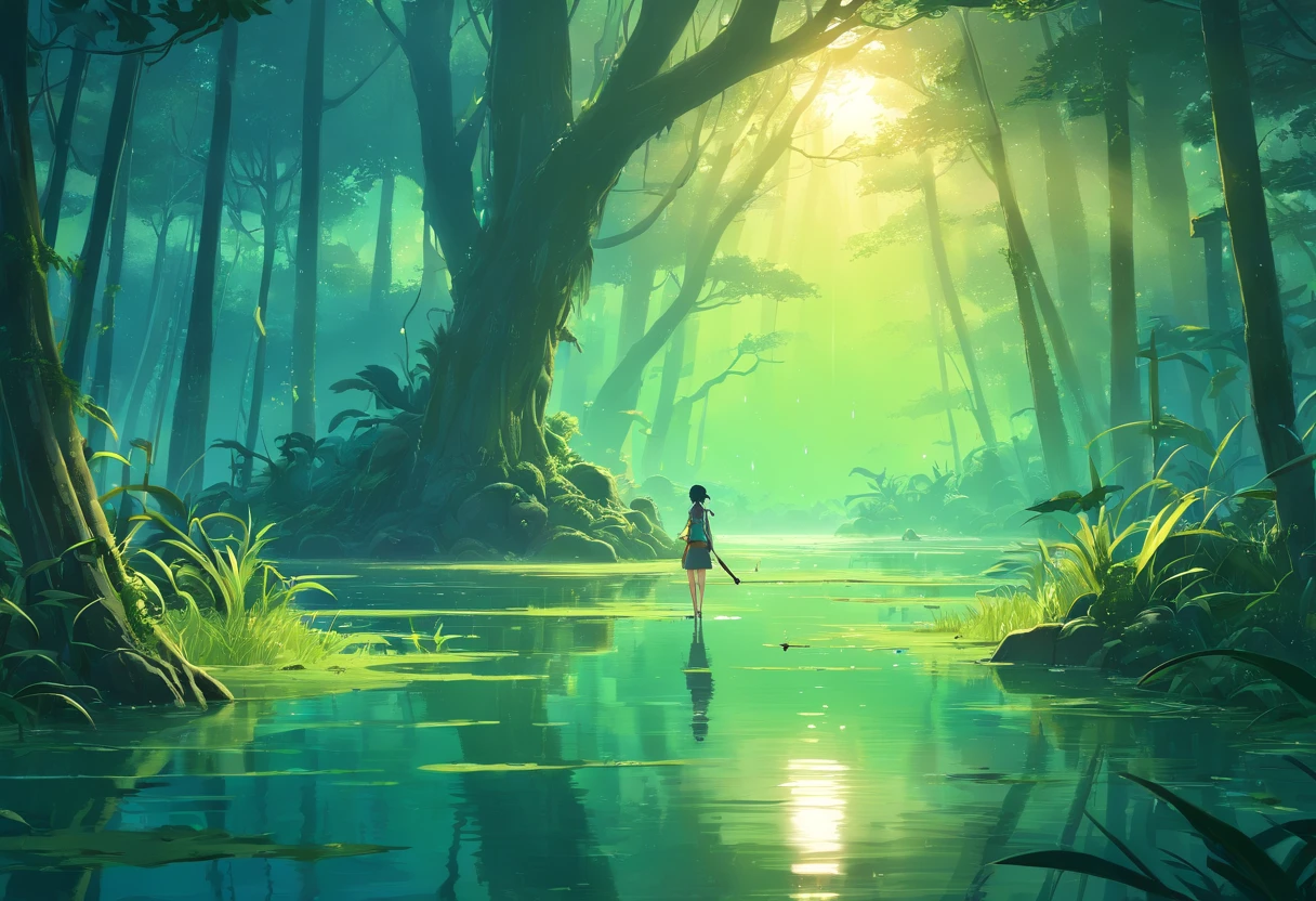 A creepy swamp, sci-fi horror, dramatic lighting, 4k, arte conceitual, altamente detalhado, Volumetric lighting, global ilumination, octan render,  Estilo-SwampMagic, Eldritch, cosmico, energia escura