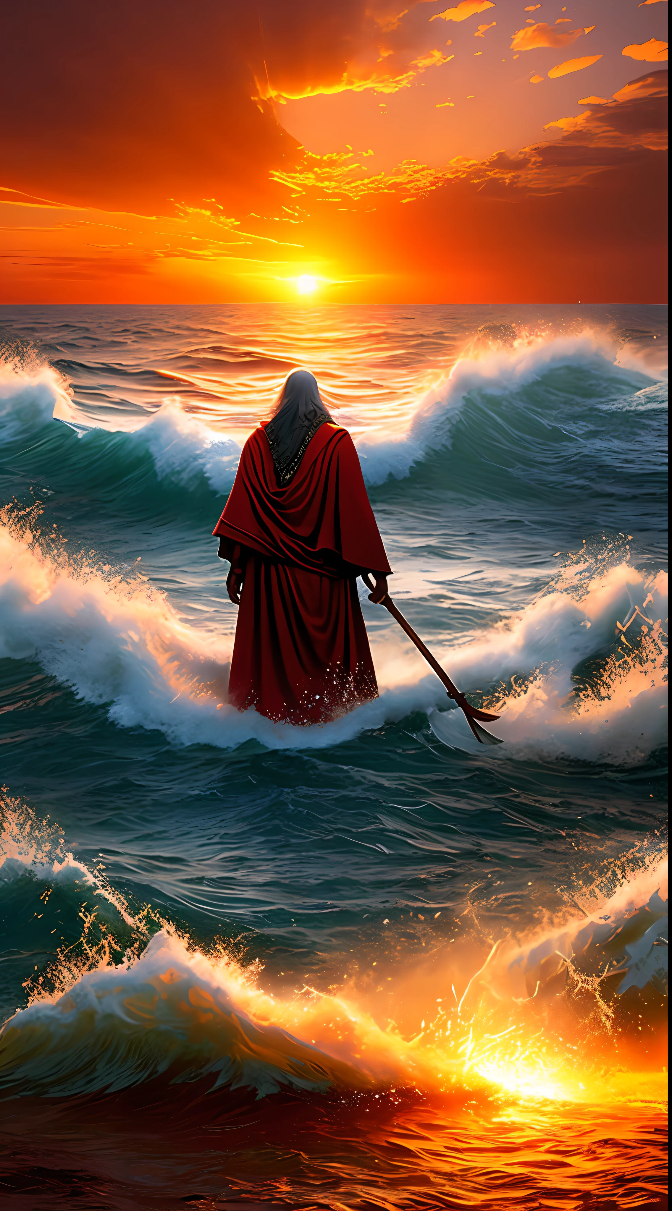 A high-definition, ultra-realistic image of Moses parting the Red Sea for the Israelites. Moses is standing in front of the sea, holding his staff. The sea is parting, forming two walls of water. The Israelites are walking through the middle of the sea, towards freedom. The Egyptian army is behind the Israelites but is trapped between walls of water. The sun is setting over the horizon, and the sky is filled with red and orange clouds.