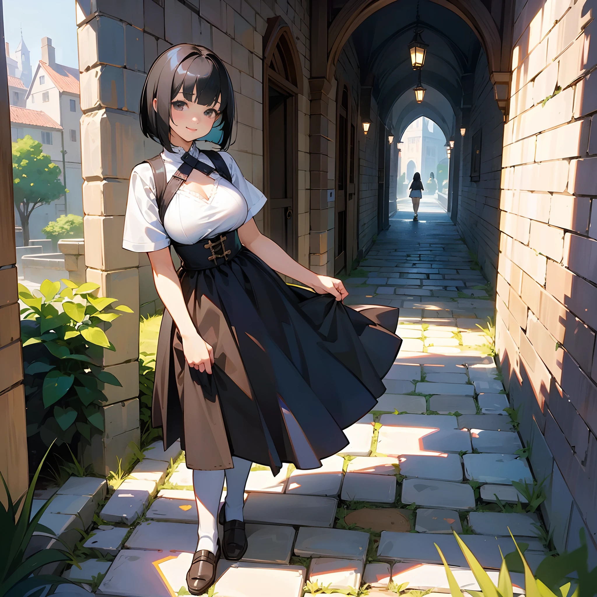 With the best image quality、age girl standing alone outdoors。In high resolution、Beautiful fine details、tranquil atmosphere。((Black Hair Bob Hair))、Cute smile。(((breasts are large)))、I don't have anything in my hands、realistic hand、Medieval European national costume with short sleeves、Medieval European Streets、Leather shoes。
