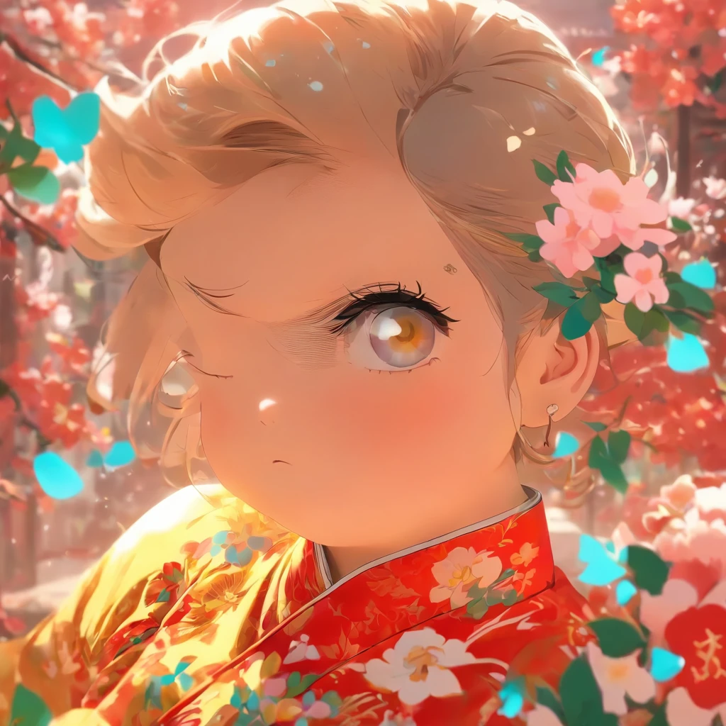 vivd colour， 16k， hyper HD， High-density imaging review 10， （tmasterpiece：1. 5）， absurderes， （best qualtiy：1. 5），solid color backdrop，A  girl，Hold your arms，Frowning，Staring at you angrily，Pouting angrily，Floral half-sleeved cheongsam，Cute fat girl，A ball head