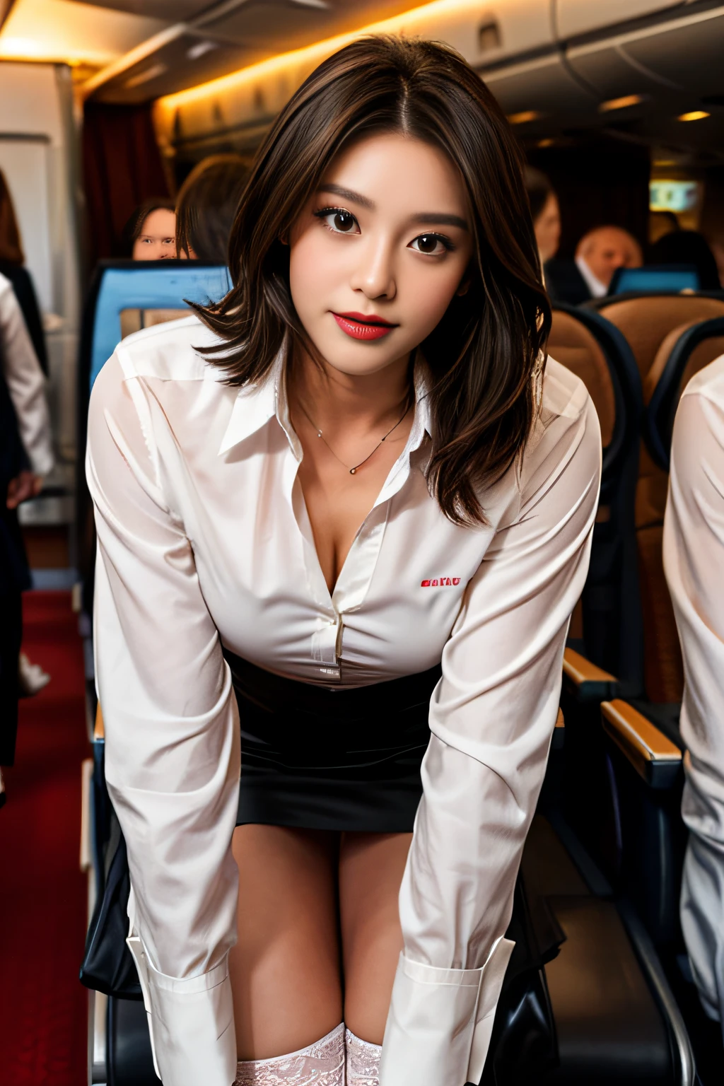 (Best Quality: 1.1), (Realistic: 1.1), (Photography: 1.1), (highly detailed: 1.1), (1womanl), Airline flight attendants, mature, coat, White shirt, Short skirt, black lace stockings, bent down, in an airplane, Brown eyes, Brunette bob gorgeous hair