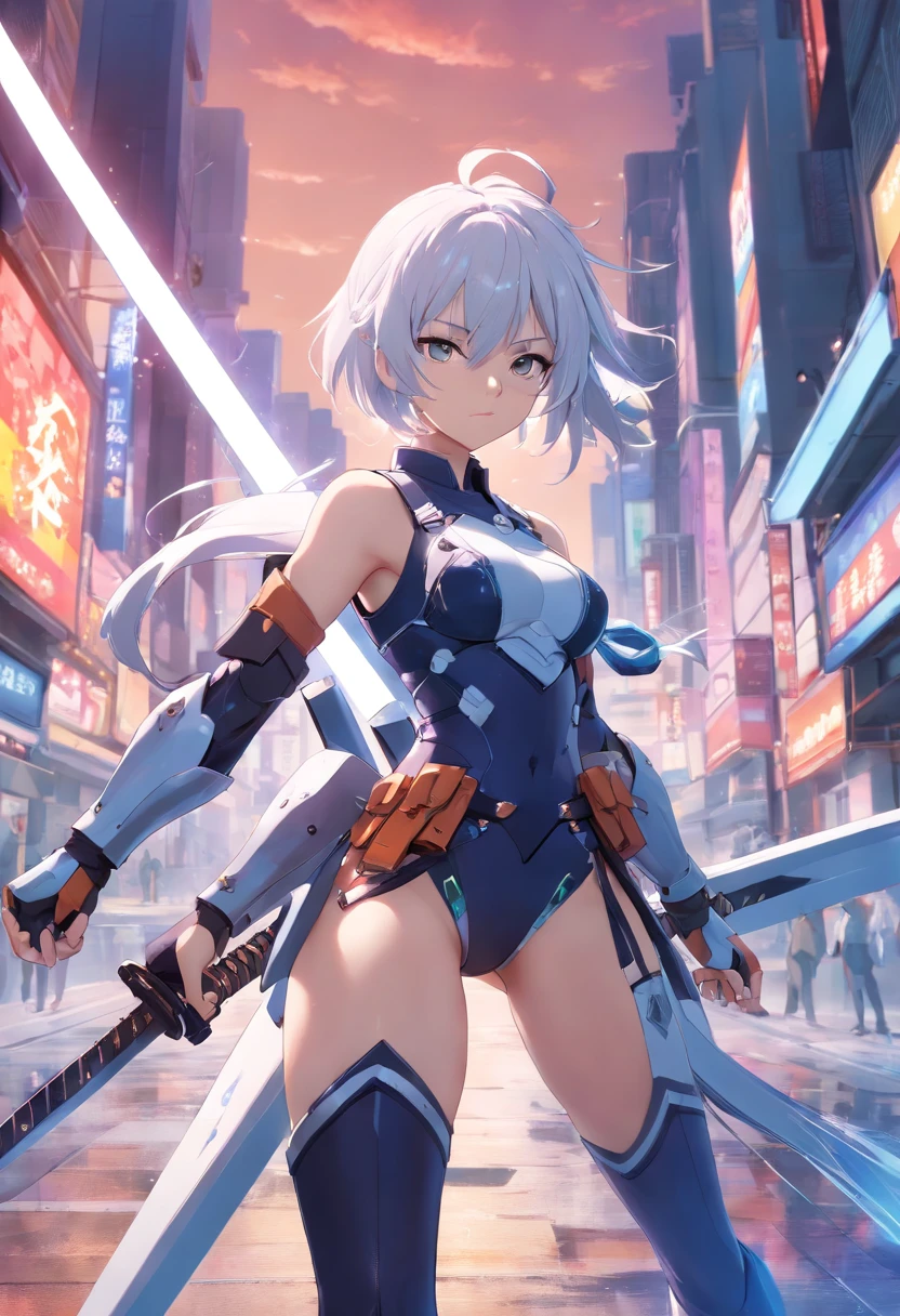 (masterpiece), best quality, perfect face, woman in a futuristic suit posing for a picture, female ninja, perfect hands, perfect fingers, perfect fit, perfect body, cyber japan style armor, cg artist, beautiful female, Kunoichi, game, honkai impact, cool action pose, tower of fantasy, super robot, frame arms girl, draw swords, white hair, battojutsu, full body, detailed background, detailed outfit, unreal engine, octane render, 8k, highest resolution, highly detailed, waifu, samurai, katana, guns