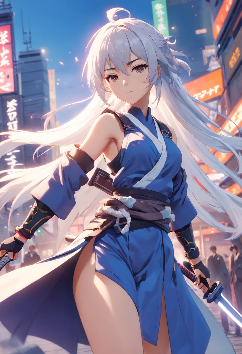 (masterpiece), best quality, perfect face, woman in a futuristic suit posing for a picture, female ninja, perfect hands, perfect fingers, perfect fit, perfect body, cyber japan style armor, cg artist, beautiful female, Kunoichi, game, honkai impact, cool action pose, tower of fantasy, super robot, frame arms girl, draw swords, white hair, battojutsu, full body, detailed background, detailed outfit, unreal engine, octane render, 8k, highest resolution, highly detailed, waifu, samurai, katana, guns