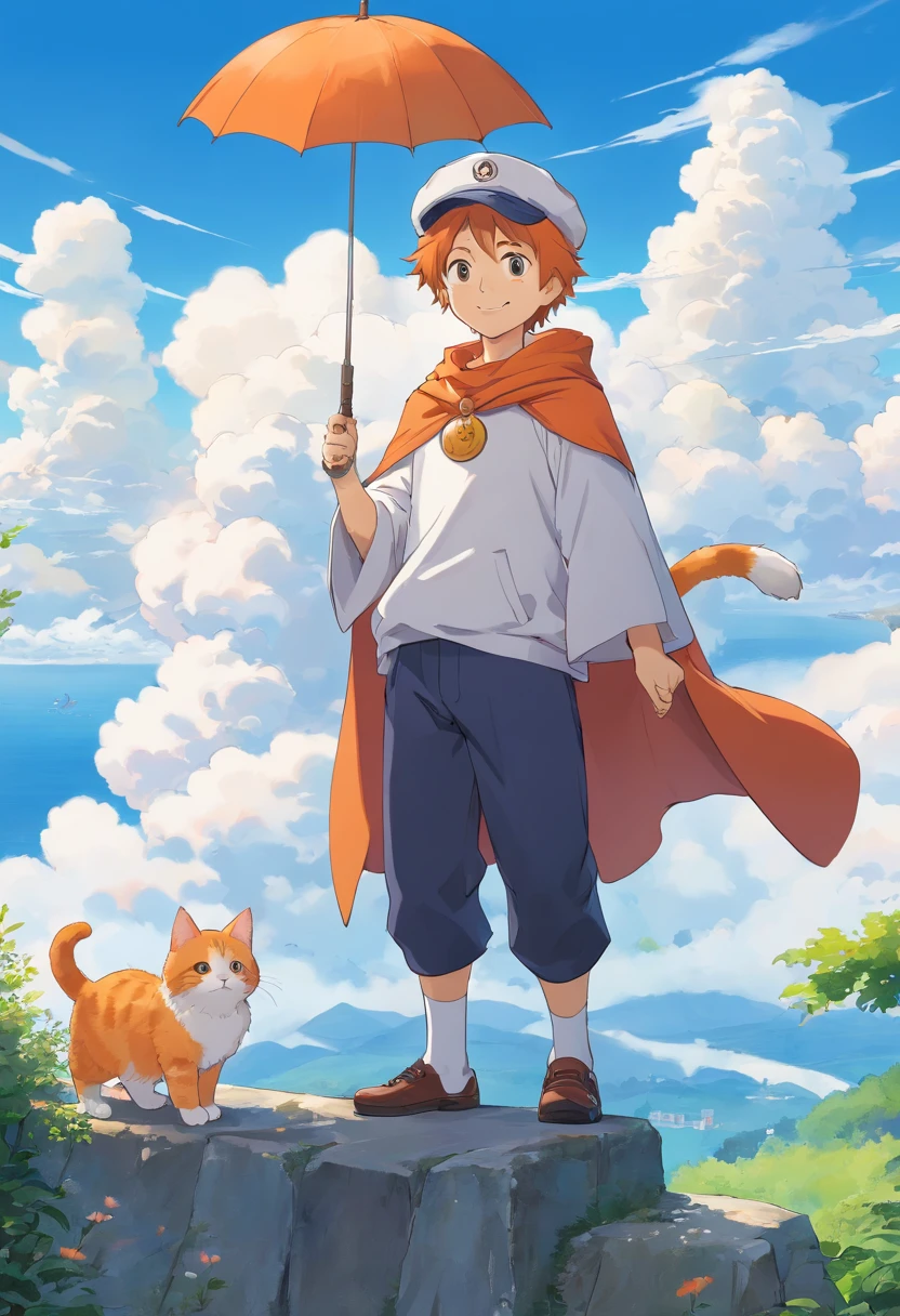 The man looked at a small orange cat wearing a cape white，An orange cat wearing a cape，Boy in cap，ssmile，The background is blue sky and white clouds , Wallin black T-shirt，With an anime logo