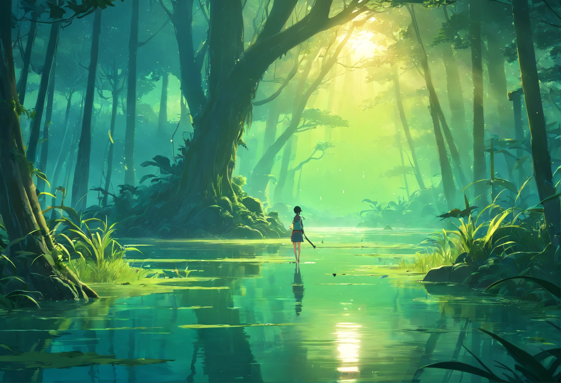 A creepy swamp, sci-fi horror, dramatic lighting, 4k, arte conceitual, altamente detalhado, Volumetric lighting, global ilumination, octan render, Estilo-SwampMagic, Eldritch, cosmico, energia escura