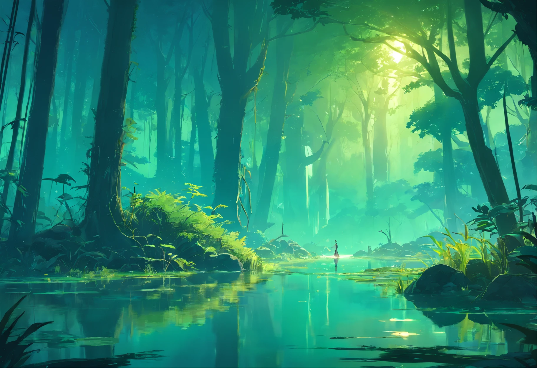 A creepy swamp, sci-fi horror, dramatic lighting, 4k, arte conceitual, altamente detalhado, Volumetric lighting, global ilumination, octan render, Estilo-SwampMagic, Eldritch, cosmico, energia escura