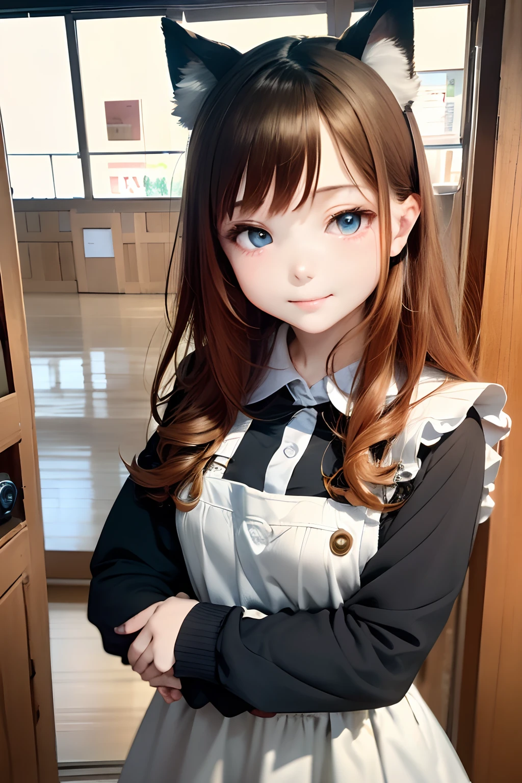 (masterpiece:1.2、top-quality)、intricate detailes、1girl in、sixteen years old、 brown haired、Light brown eyes、pinafore、animal ear、A smile、Hands together、door、doress、White Apron、Indoors、long-sleeve、blue eyess、looking at the viewers、Goth made clothes、shorth hair、Maids、maid apronl、dog ears、window、bangss、is standing、Mouth closed、(((Communications Equipment:1.5))),(Wide Angle), (top down),Realistic scale,Anime style,Super Detail, Realistic, Super realistic,lifelike rendering,(((school classrooms:1.5,Classroom lined with desks:1.2))),Professional Photographer