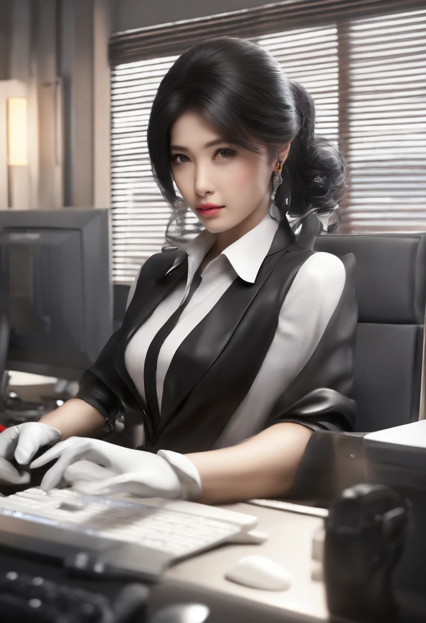 The upper body is covered with black leather gloves up to the fingertips in both hands. Black recruitment suit. Facing the desk in my room with a computer in the dark, I operate the computer keyboard while looking at the screen with the fingertips of the black leather gloves. Black hair bundled in the back for a long time. Look here, a very cute Japanese female new employee (the angle is in　front view)