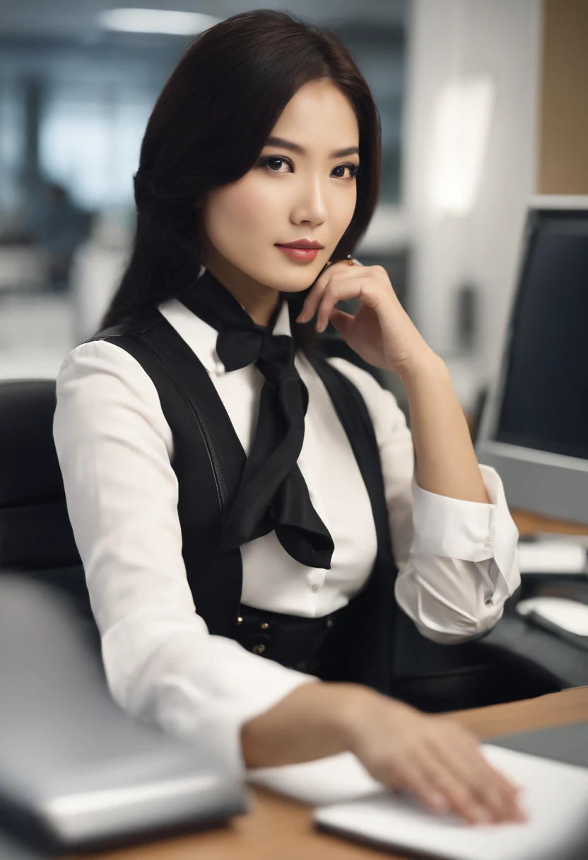 The upper body is covered with black leather gloves up to the fingertips in both hands. Black recruitment suit. Facing the desk in my room with a computer in the dark, I operate the computer keyboard while looking at the screen with the fingertips of the black leather gloves. Black hair bundled in the back for a long time. Look here, a very cute Japanese female new employee (the angle is in front view)