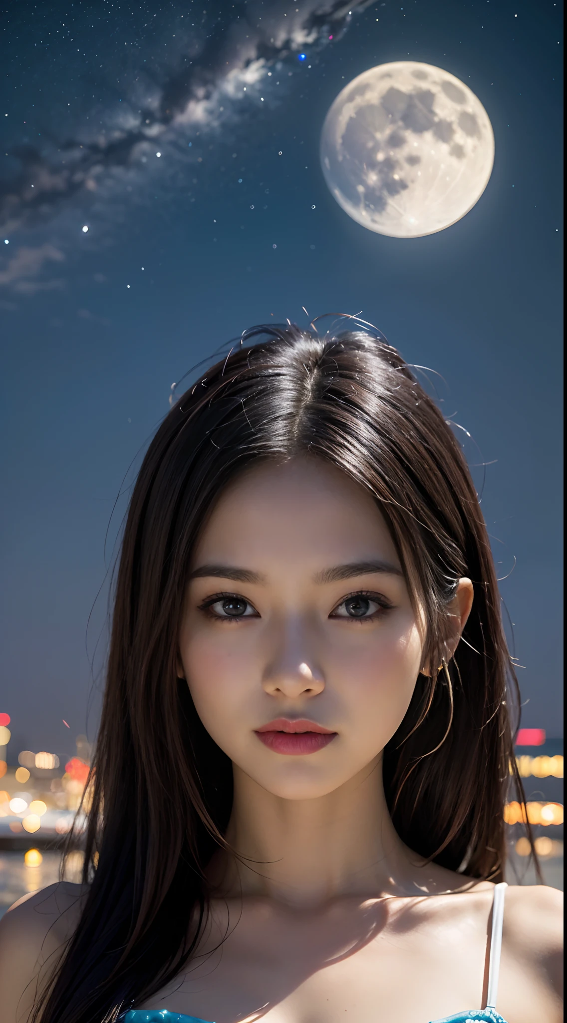 Anime girl with long hair and blue eyes standing in front of full moon, style of anime4 K, Stunning anime face portrait, Detailed digital anime art, Anime art wallpaper 4k, Anime art wallpaper 4k, Anime art wallpaper 8k, a beautiful anime portrait, Smiling, (Alebriss Art Style), Meteor shower in the starry sky, Several lesbians sitting together looking at the stars,event,event:1.3,masutepiece, Best quality, intricately details, absurderes,,(Urzan-6500-V1 Release, Edition.3,PureFace_V1,rendering by octane)