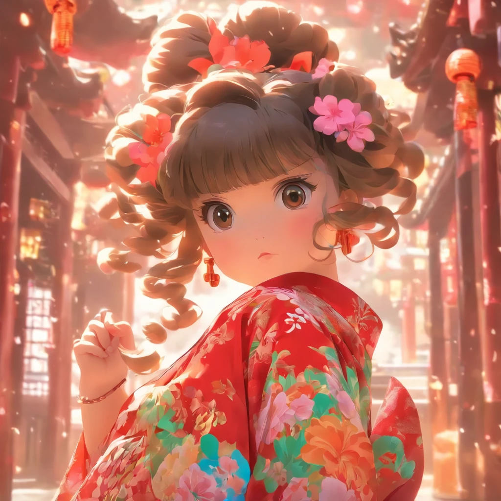 vivd colour, 16k, hyper HD, High-density imaging review 10, (tmasterpiece:1. 5), absurderes, (best qualtiy:1. 5),solid color backdrop,A ,Hold your arms,Frowning,Staring at you angrily,Pouting angrily,Floral half-sleeved cheongsam,Cute fat girl,A ball head