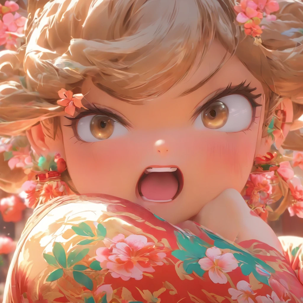 vivd colour, 16k, hyper HD, High-density imaging review 10, (tmasterpiece:1. 5), absurderes, (best qualtiy:1. 5),solid color backdrop,A girl,Hold your arms,Frowning,Staring at you angrily,Pouting angrily,Floral half-sleeved cheongsam,Cute fat girl,A ball head