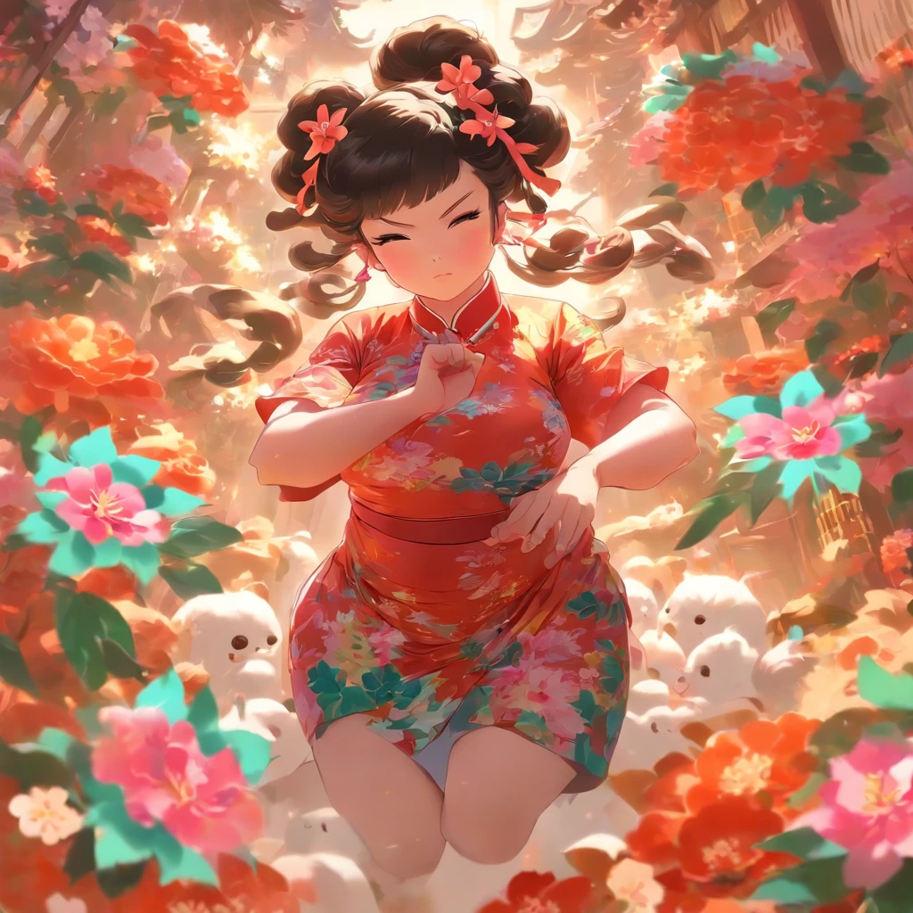 vivd colour， 16k， hyper HD， High-density imaging review 10， （tmasterpiece：1. 5）， absurderes， （best qualtiy：1. 5），solid color backdrop，A ，Hold your arms，Frowning，Staring at you angrily，Pouting angrily，Floral half-sleeved cheongsam，Cute fat girl，A ball head