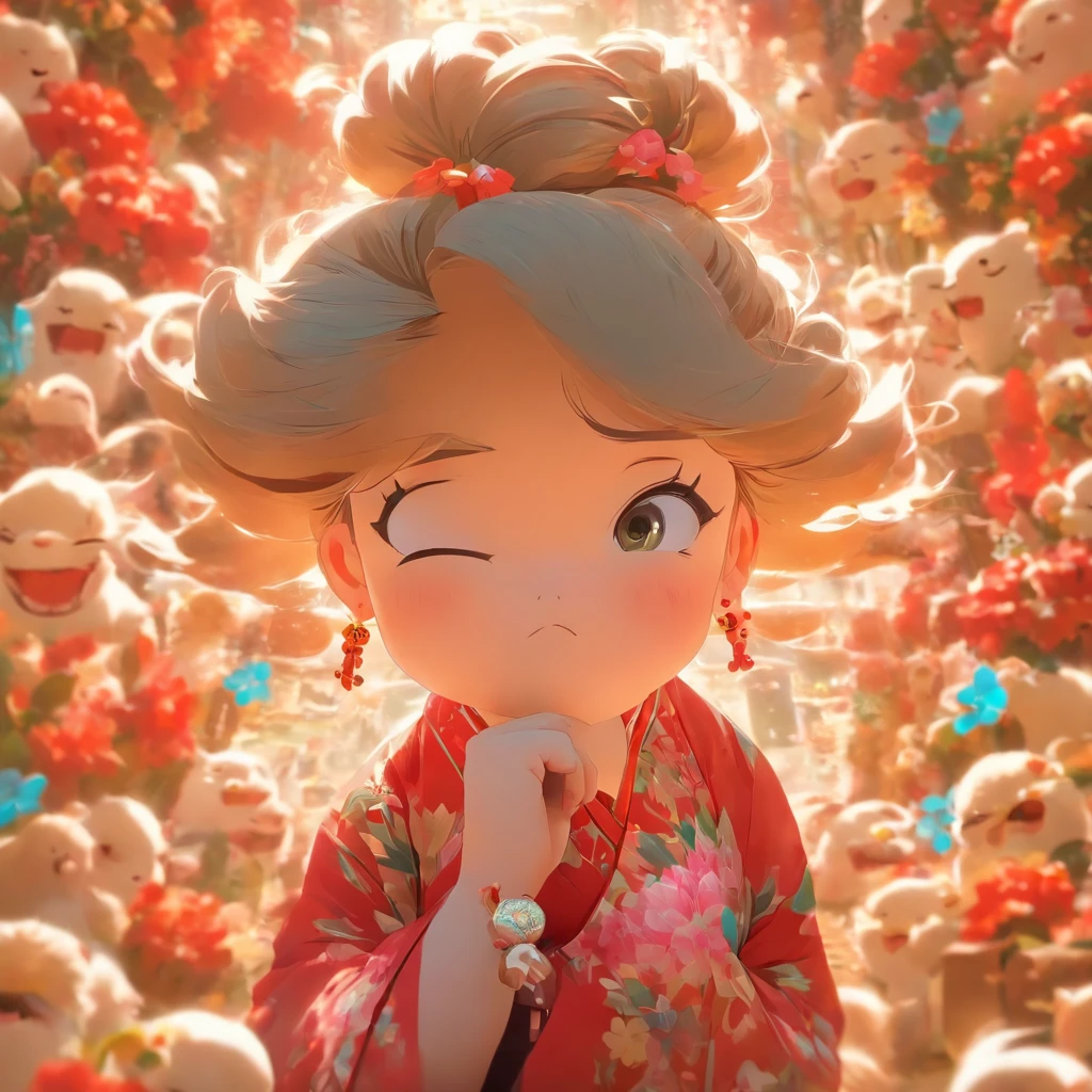 vivd colour, 16k, hyper HD, High-density imaging review 10, (tmasterpiece:1. 5), absurderes, (best qualtiy:1. 5),solid color backdrop,A girl,Hold your arms,Frowning,Staring at you angrily,Pouting angrily,Floral half-sleeved cheongsam,Cute fat girl,A ball head