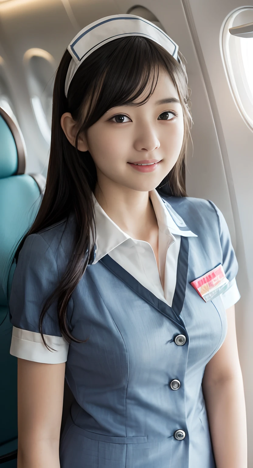 (top-quality、masterpiece:1.2)、Best Quality、realisitic、photoshot、hight resolution、1080p、8K、Textured skin、Physical Rendering、1 Japan Girls、a junior high school student、kawaii、Young Face、Rolled hair、(Japan Air Stewardess:1.5)、On the plane、full of shyness、smil、Big