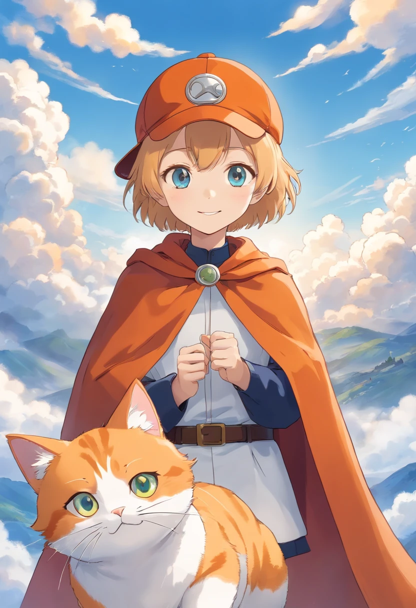The man looked at a small orange cat wearing a cape white,An orange cat wearing a cape,Boy in cap,ssmile,The background is blue sky and white clouds , Wallin black T-shirt,With an anime logo