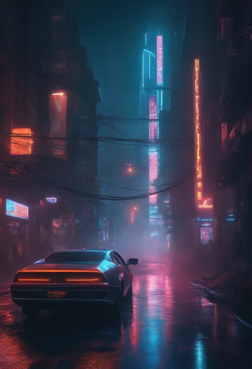 "Neon-lit cyberpunk streets, futuristic cityscape, Dystopian art in the dark, Papel de parede 4k. Atmosfera chuvosa e nebulosa, evocando um futuro mal-humorado e desolador."