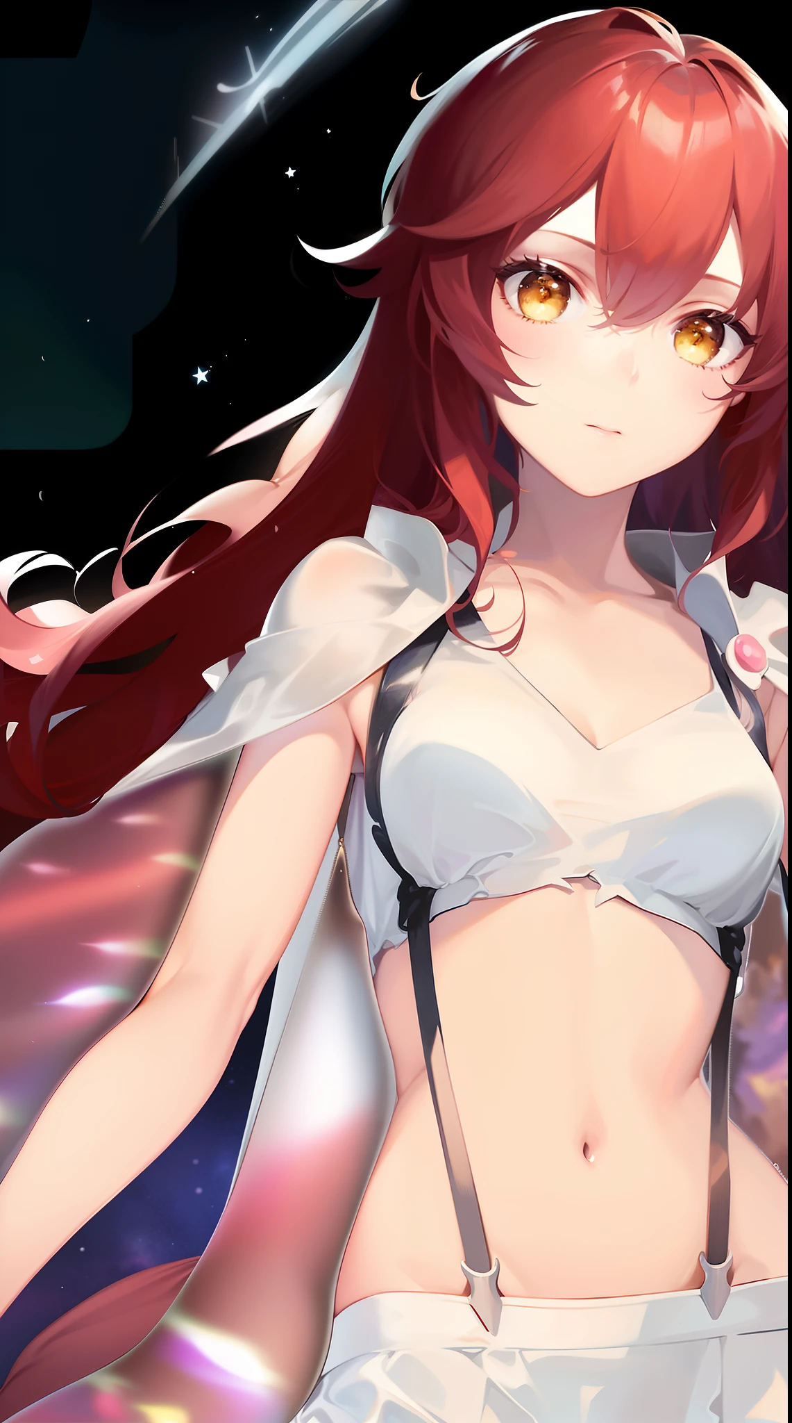 (best quality,4k,8k,highres,masterpiece:1.2),ultra-detailed,(realistic,photorealistic,photo-realistic:1.37),portrait,red-haired,-yeld gibeautiful detailed eyes and face,golden irises,bare shoulders,bare navel,white thigh-high socks,short skirt,transparent clothing,cloak,witch attire, enchanting,colorful,color scheme,studio lighting,mysterious ambiance,lush garden surrounded by towering trees,moonlit sky,soft glow of stars,dreamlike atmosphere,ethereal beauty,naturalistic rendering,fine brushwork,expressive brushstrokes,elegant pose,elegance and grace,subtle movement,exquisite attention to detail,meticulously crafted,delicate features,alluring charm.