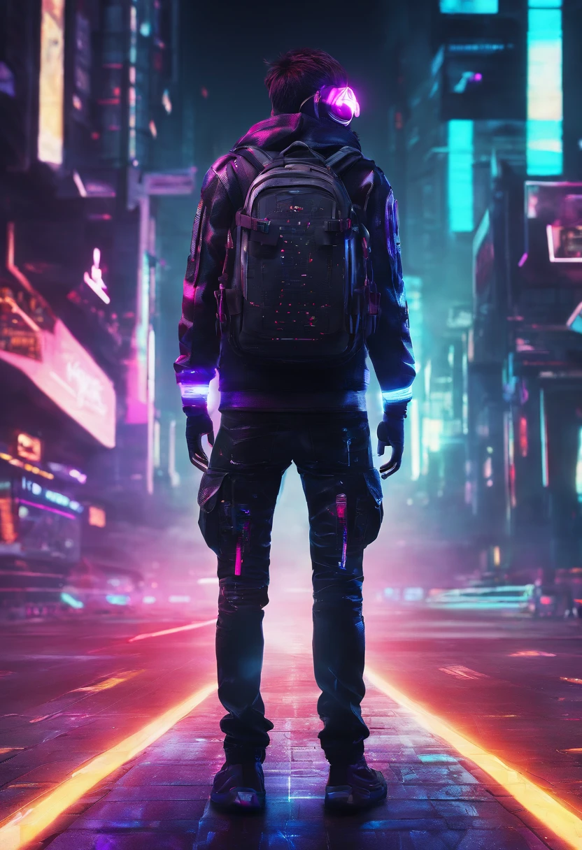 8K,Fine picture quality,Future street background,A cyberpunk boy,Carry this futuristic technology backpack,The backpack has a light,Future lighting camera in hand,Back shadow