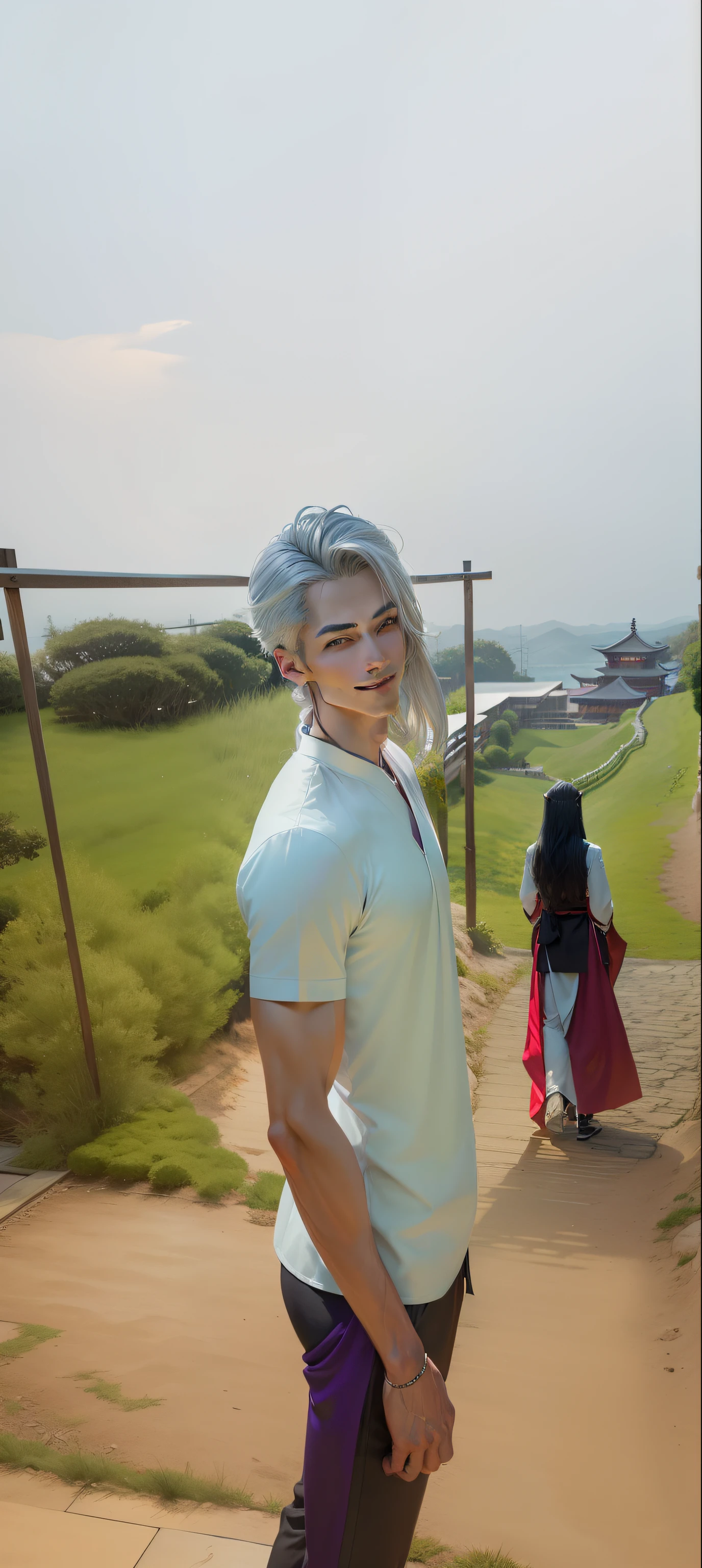 There is one young handsome thin man, a male nine-tailed silver fox from Japanese mythology with long hair, in clothes, his nine tails spread like a fan behind his back, he laughs, he smiles thoughtfully, (masterpiece), full-length, facing the viewer, surrealism, fantastic lighting, fireflies, sequins, the overall tone is silvery-purple