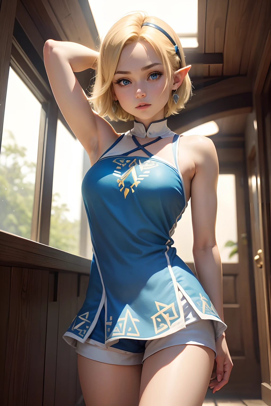 Zelda, short hair, Blonde hair, armpit, shorts dress, blue eyes, Big legs,