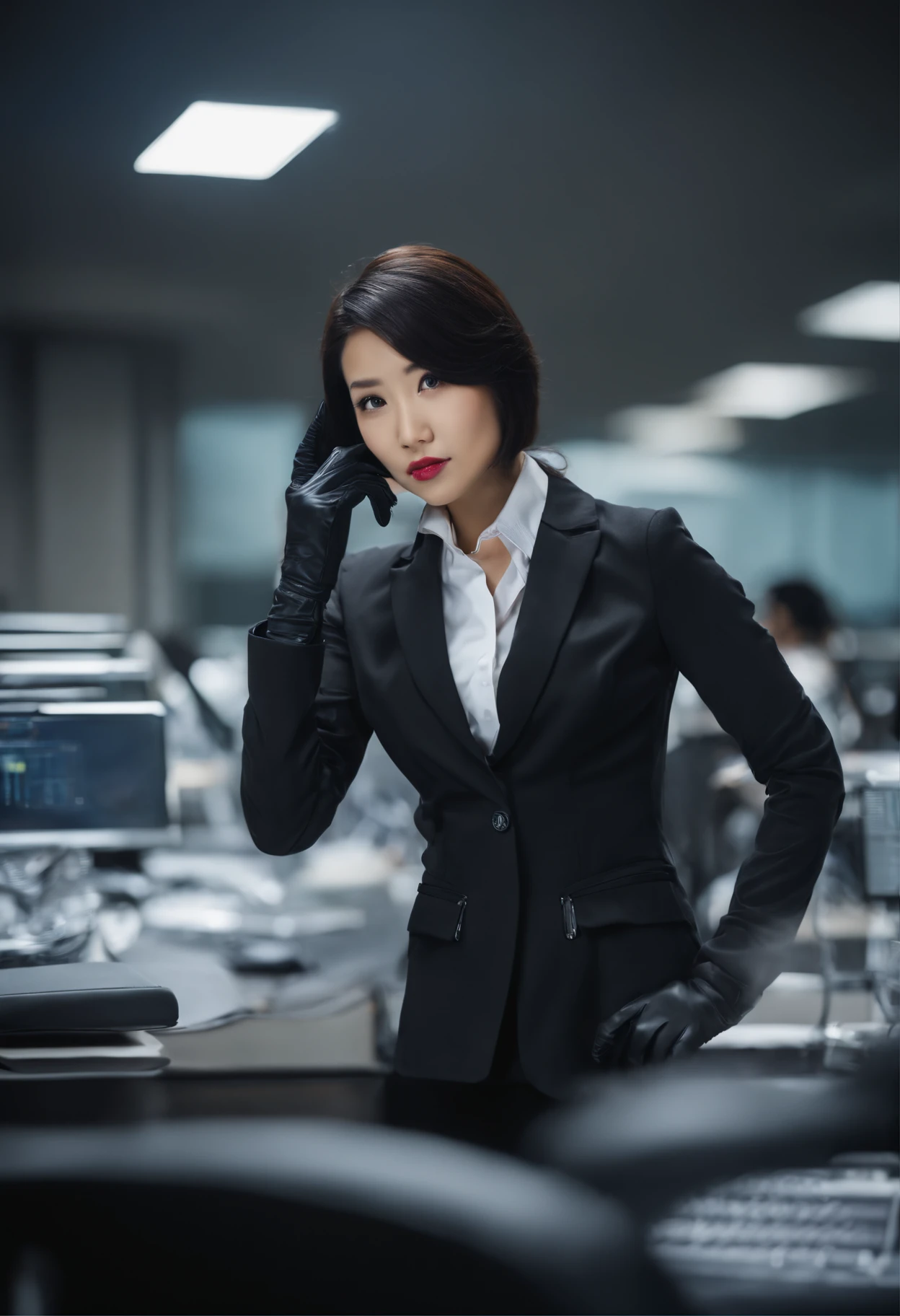 The upper body is covered with black leather gloves up to the fingertips in both hands. Black recruitment suit. Facing the desk in my room with a computer in the dark, I operate the computer keyboard while looking at the screen with the fingertips of the black leather gloves. Black hair bundled in the back for a long time. Look here, a very cute Japanese female new employee (the angle is in front view)