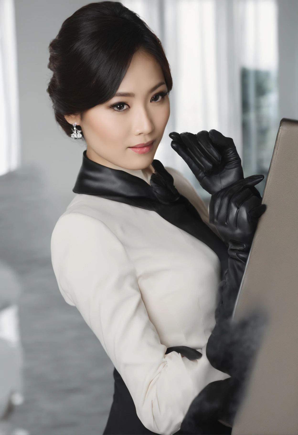 The upper body is covered with black leather gloves up to the fingertips in both hands. Black recruitment suit. Facing the desk in my room with a computer in the dark, I operate the computer keyboard while looking at the screen with the fingertips of the black leather gloves. Black hair bundled in the back for a long time. Look here, a very cute Japanese female new employee (the angle is in front view)
