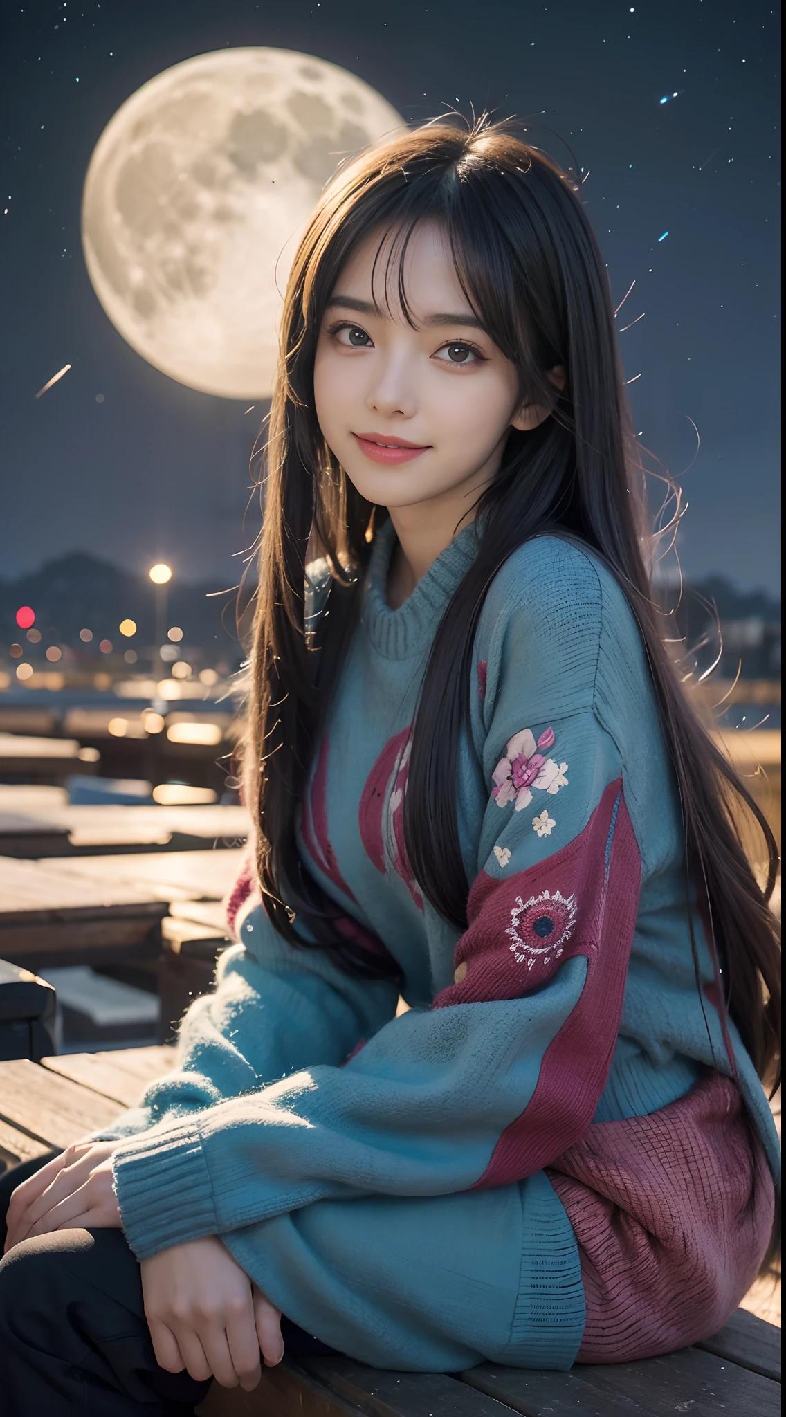 Anime girl with long hair and blue eyes standing in front of full moon, style of anime4 K, Stunning anime face portrait, Detailed digital anime art, Anime art wallpaper 4k, Anime art wallpaper 4k, Anime art wallpaper 8k, a beautiful anime portrait, Smiling, (Alebriss Art Style), Meteor shower in the starry sky, Several lesbians sitting together looking at the stars,event,event:1.3,masutepiece, Best quality, intricately details, absurderes,,(Urzan-6500-V1 Release, Edition.3,PureFace_V1,rendering by octane)