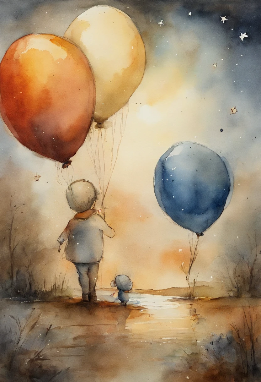 tmasterpiece、hyper qualit、01 The child stands and releases the small balloon, 01 menino. Drop back the balloon, Another child sitting in front of 1 girl's computer、Hmm, close-up、With the night、cooperation, Bright stars in the sky, watercolor paiting, Vintage